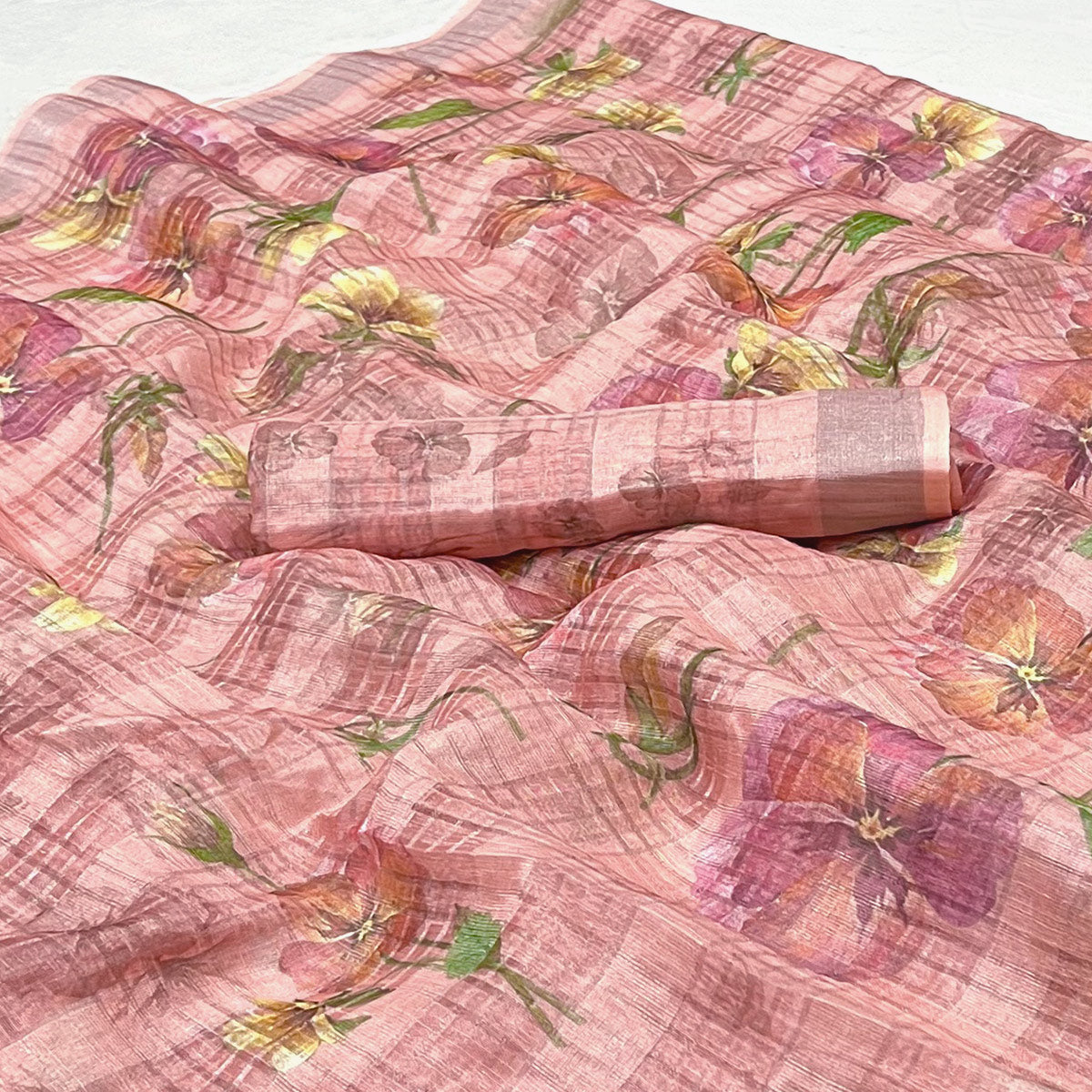 Peach Floral Digital Printed Cotton Silk Saree