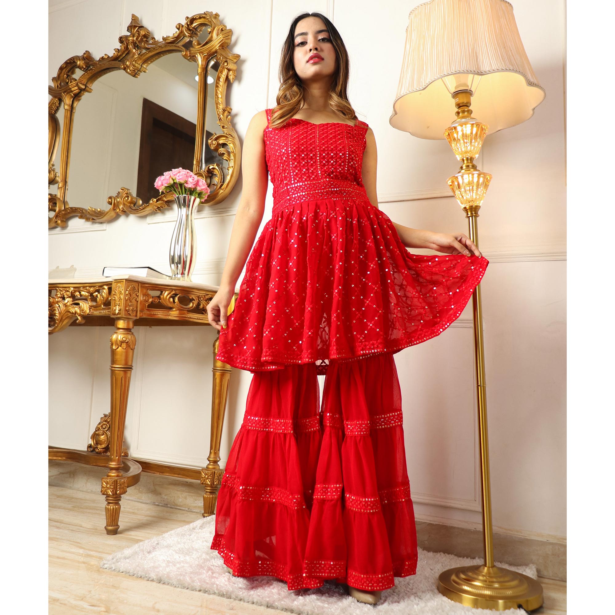 Red Sequins Embroidered Georgette Sharara Suit
