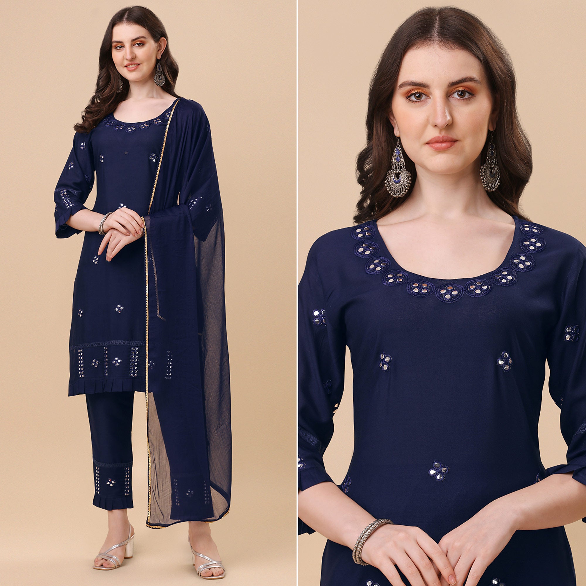Navy Blue Embroidered Rayon Salwar Suit
