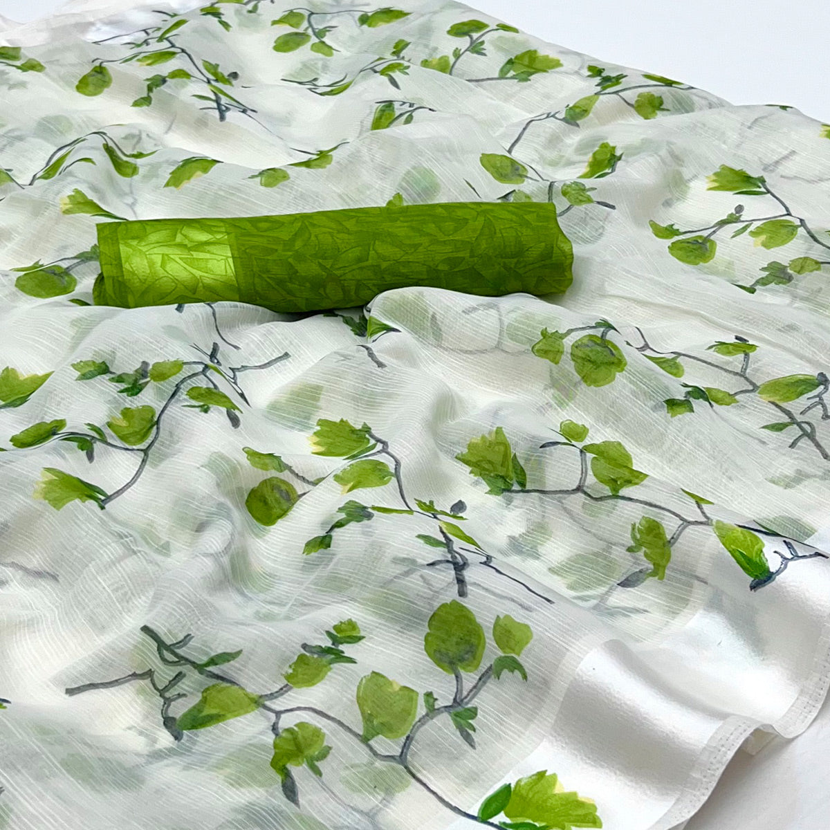 White Green Floral Printed Linen Saree