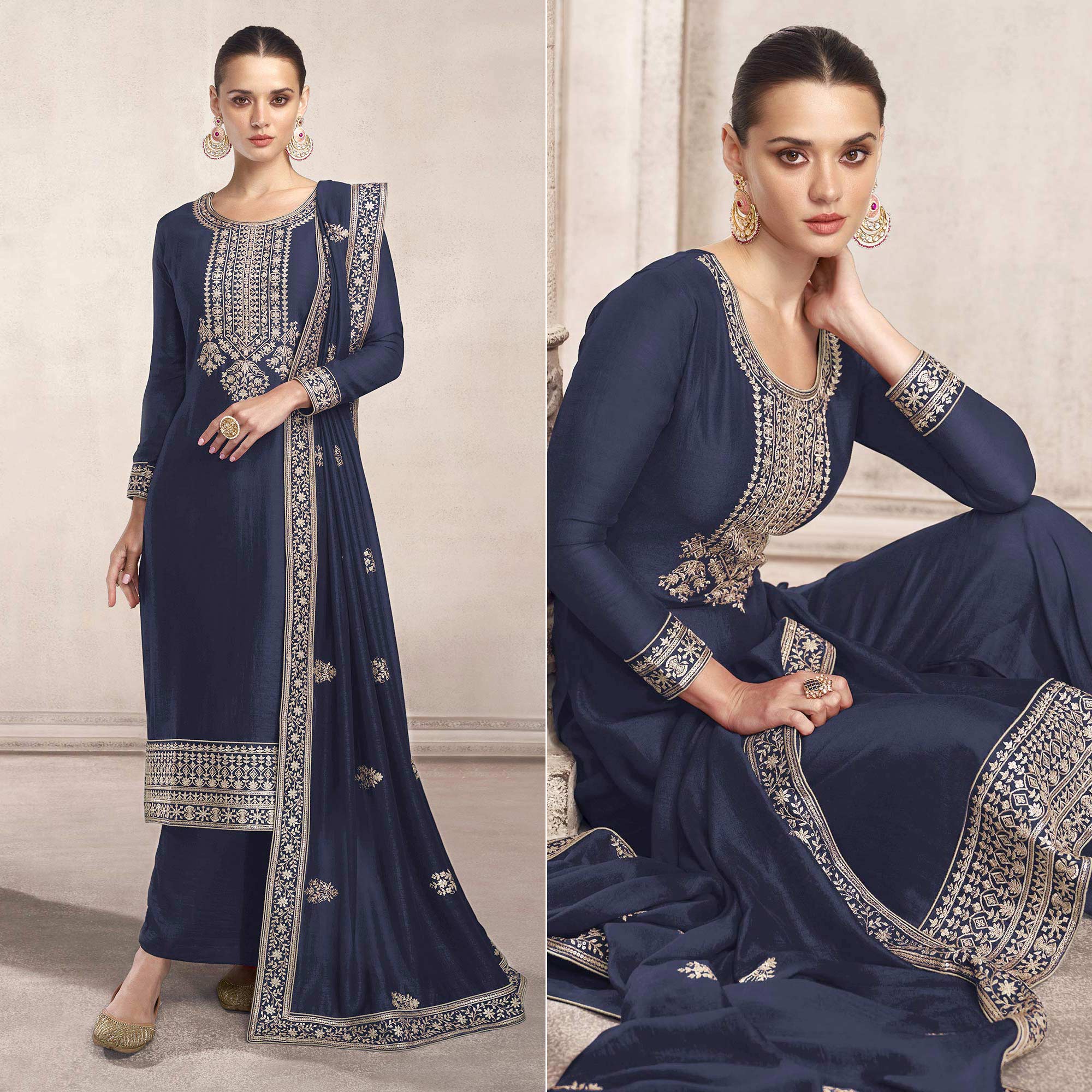 Navy Blue Embroidered Dola Silk Salwar Suit