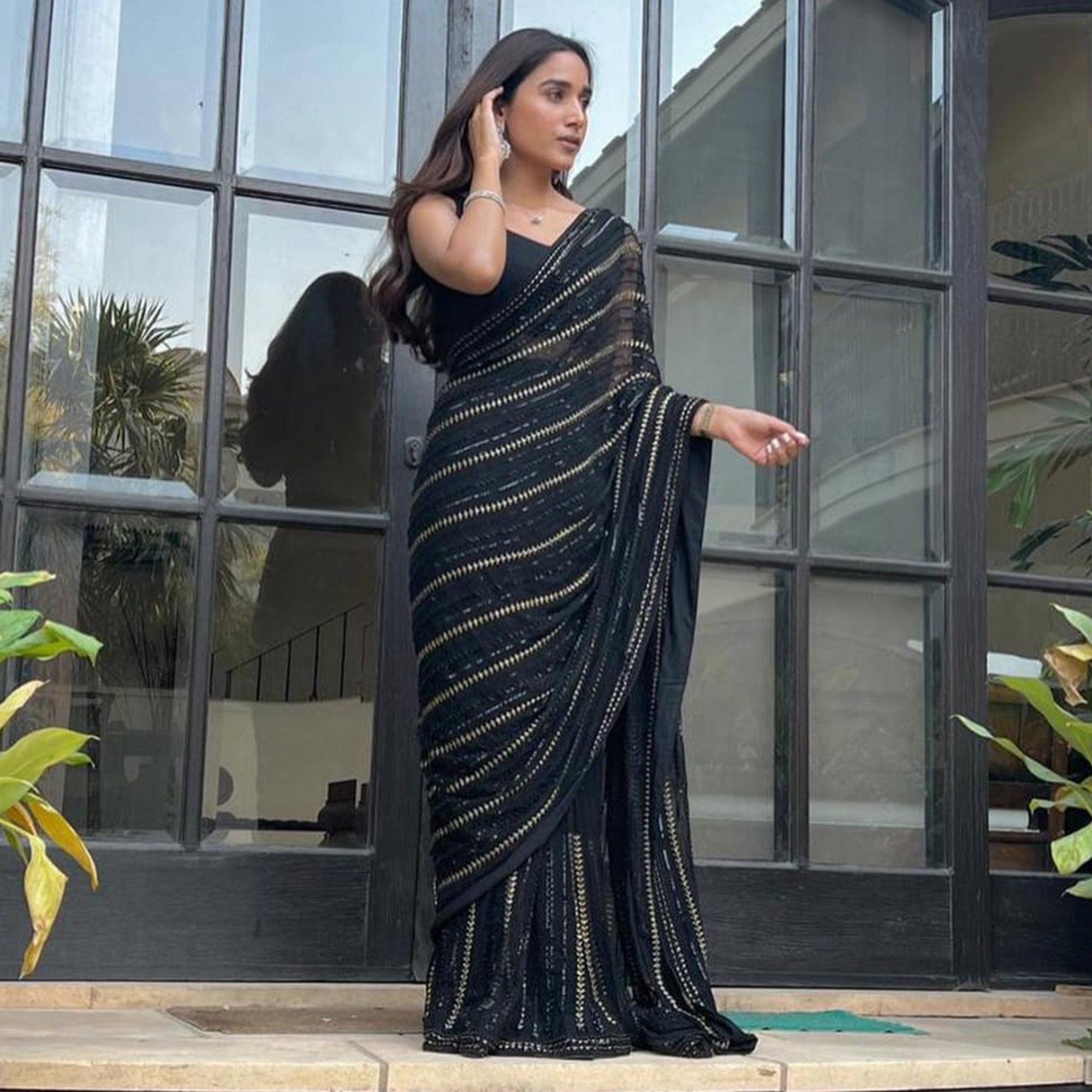 Black Sequins Embroidered Georgette Saree