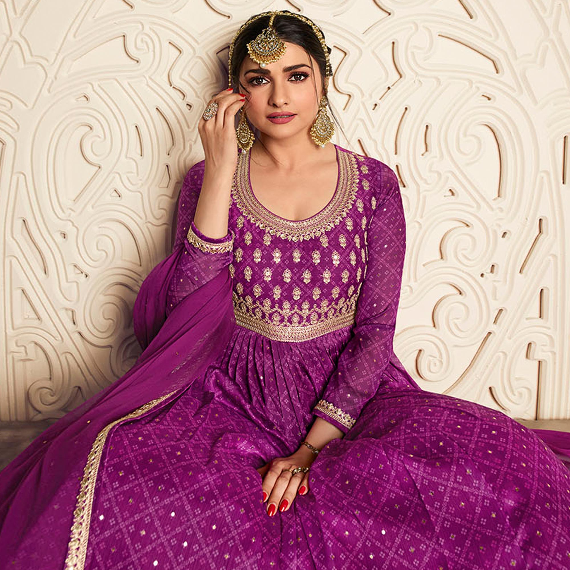 Purple Printed With Embroidered Chiffon Gown