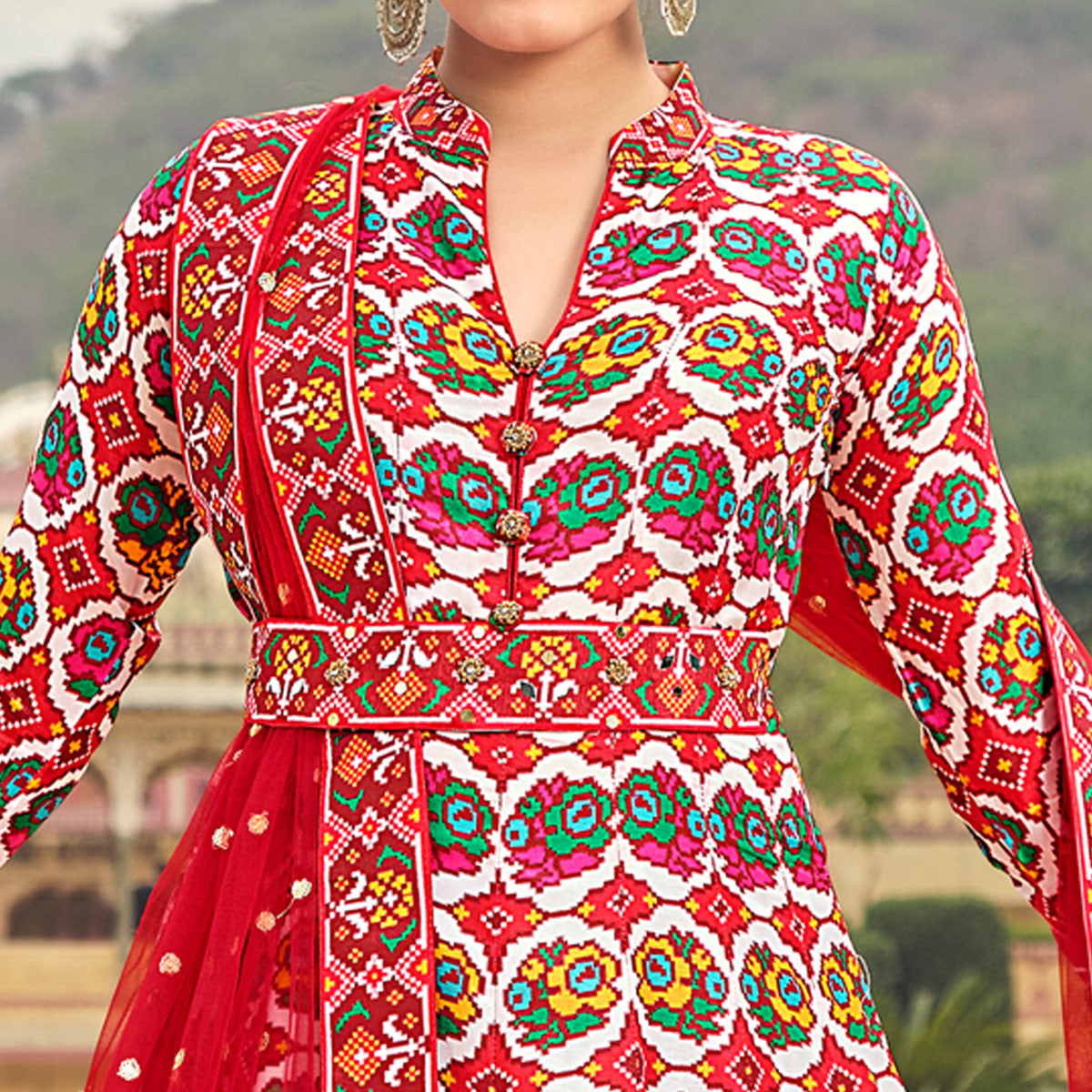 Red Patola Digital Printed Dola Silk Gown