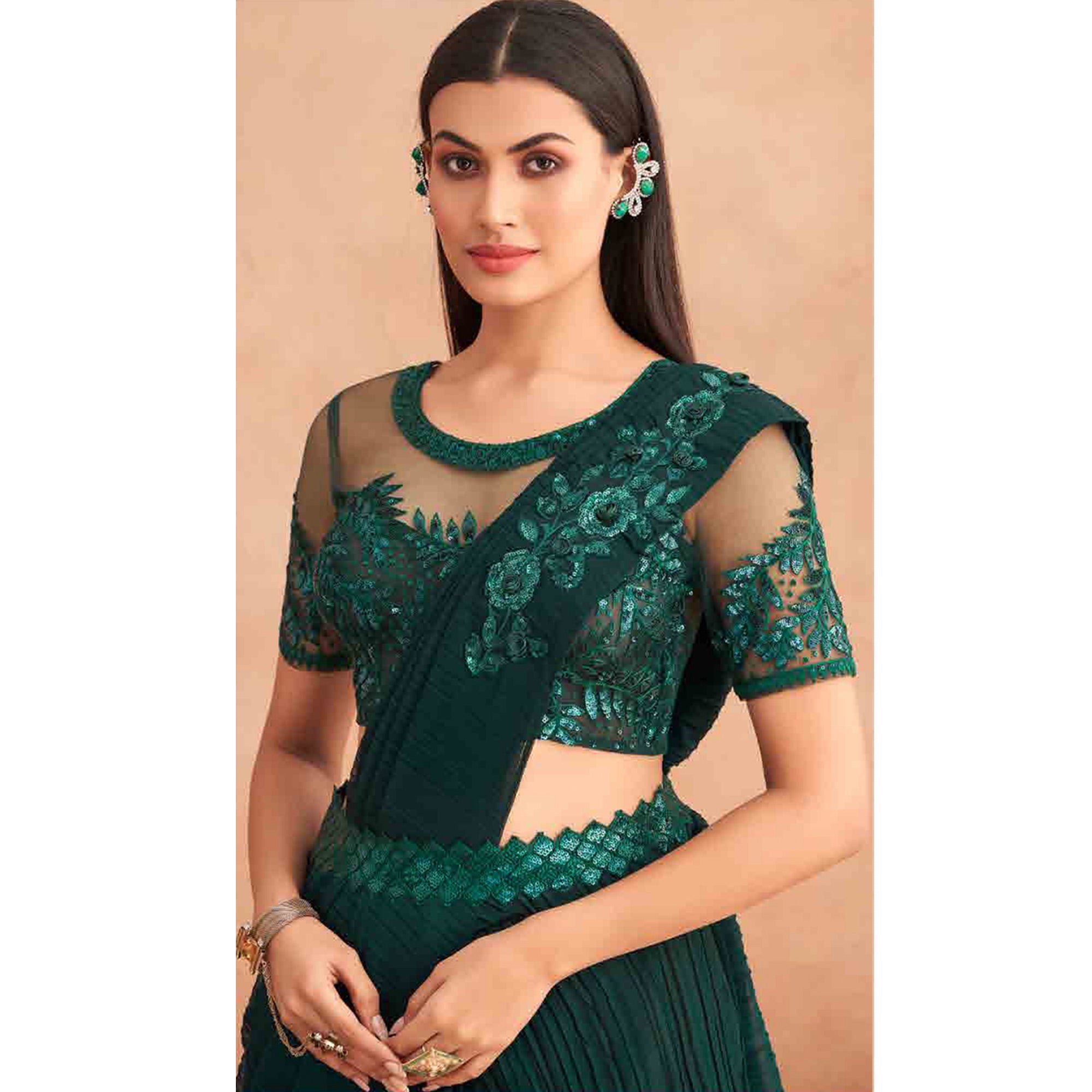 Bottle Green Sequins Embroidered Ready to Wear Chiffon Saree