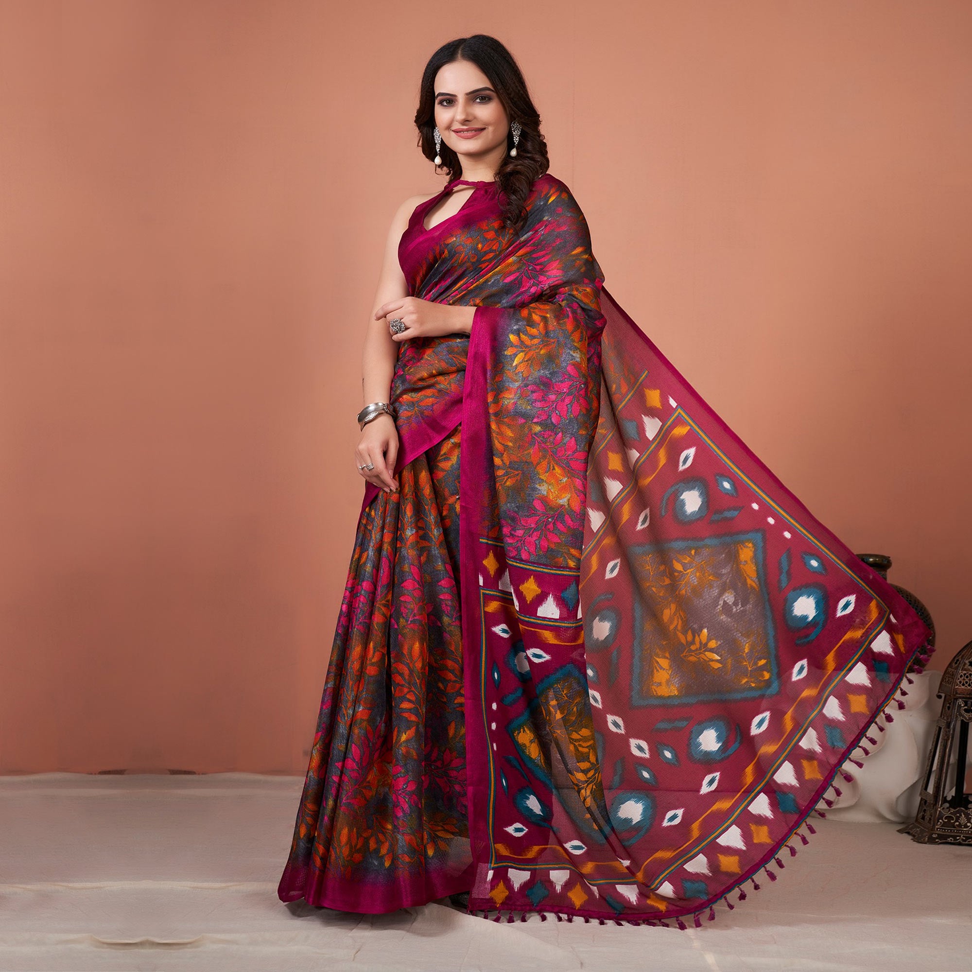 Multicolored Printed Jute Saree With Tassels