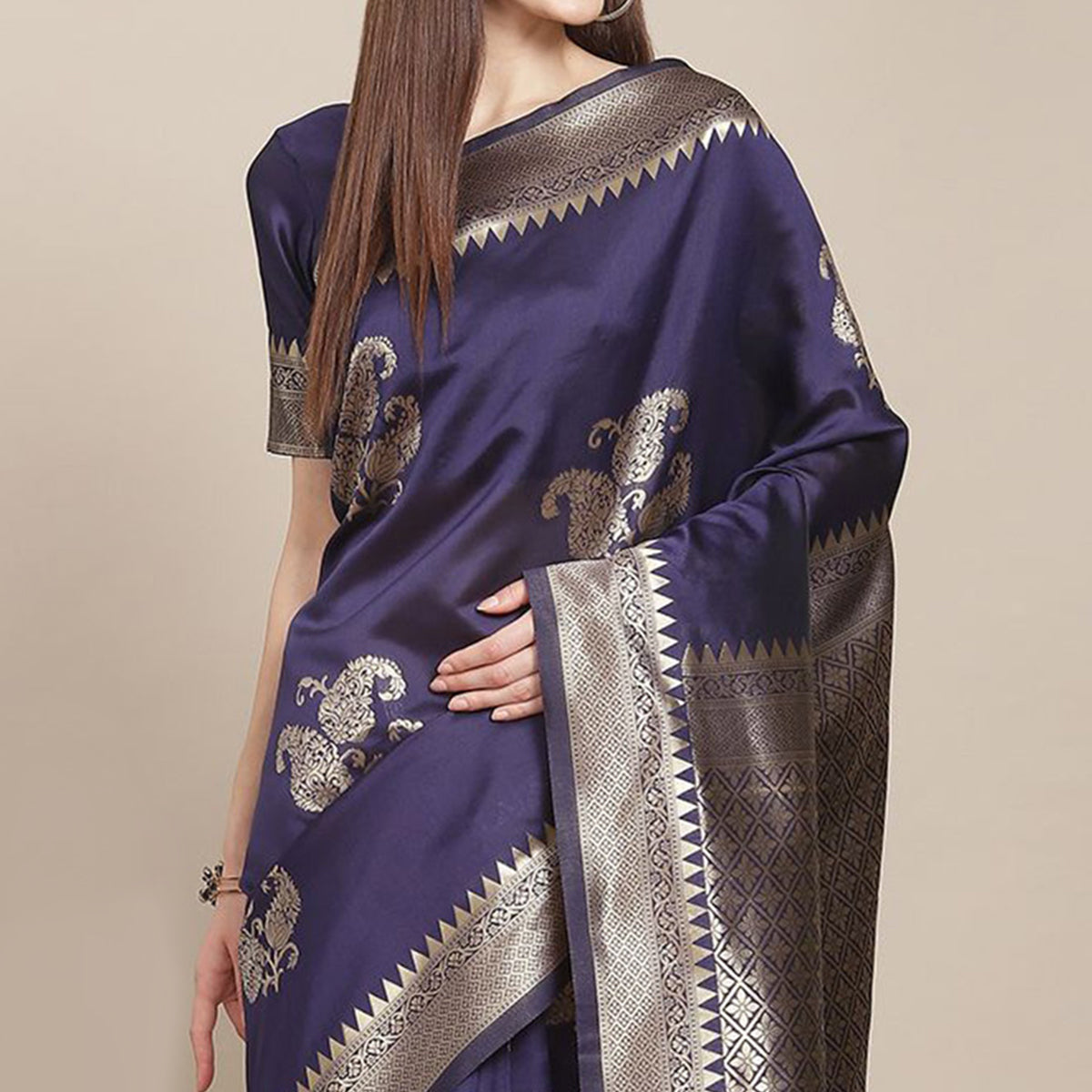 Navy Blue Woven Banarasi Silk Saree