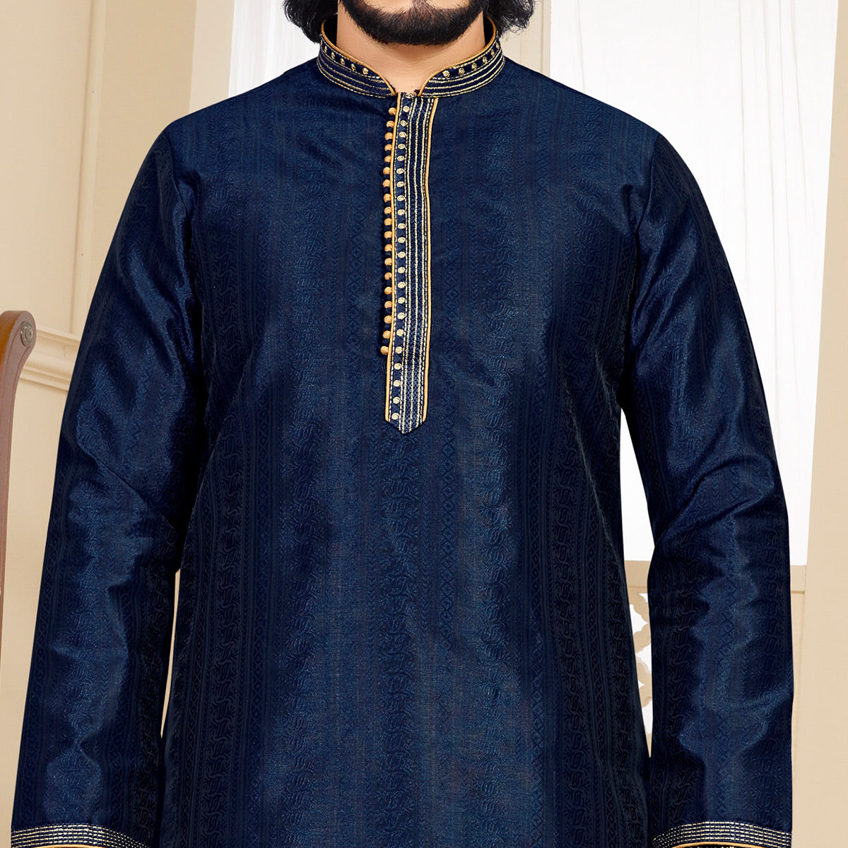 Blue Woven Jacquard Kurta Pyjama Set