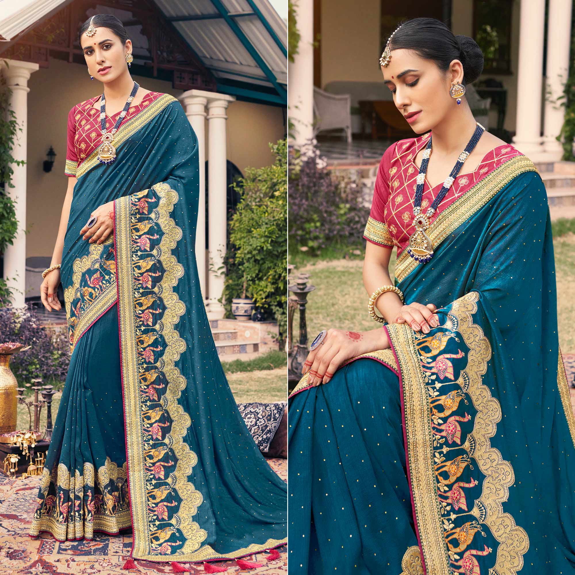 Teal Blue Embroidered With Stone Work Vichitra Silk Saree