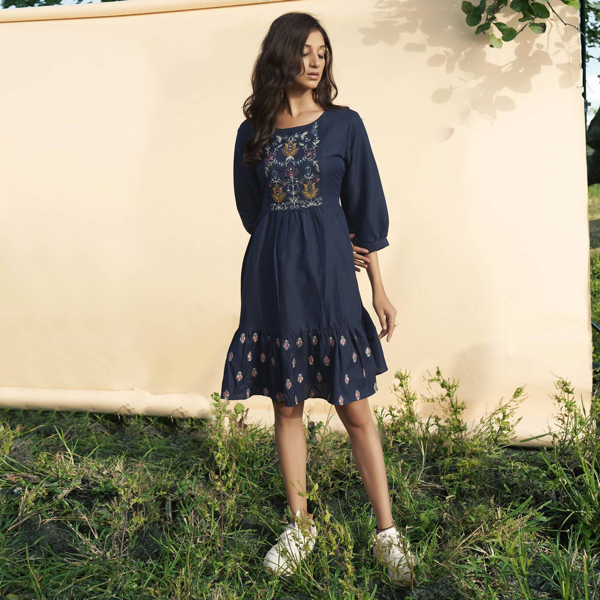 Navy Blue Embroidered Rayon Short Dress