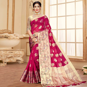 Rani Pink Floral Woven Organza Saree With Tassels