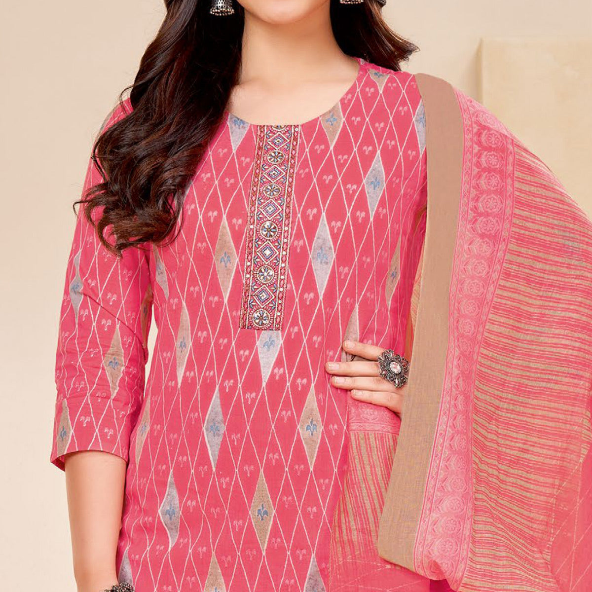 Pink Printed With Tie Embroidered Pure Cotton Suit