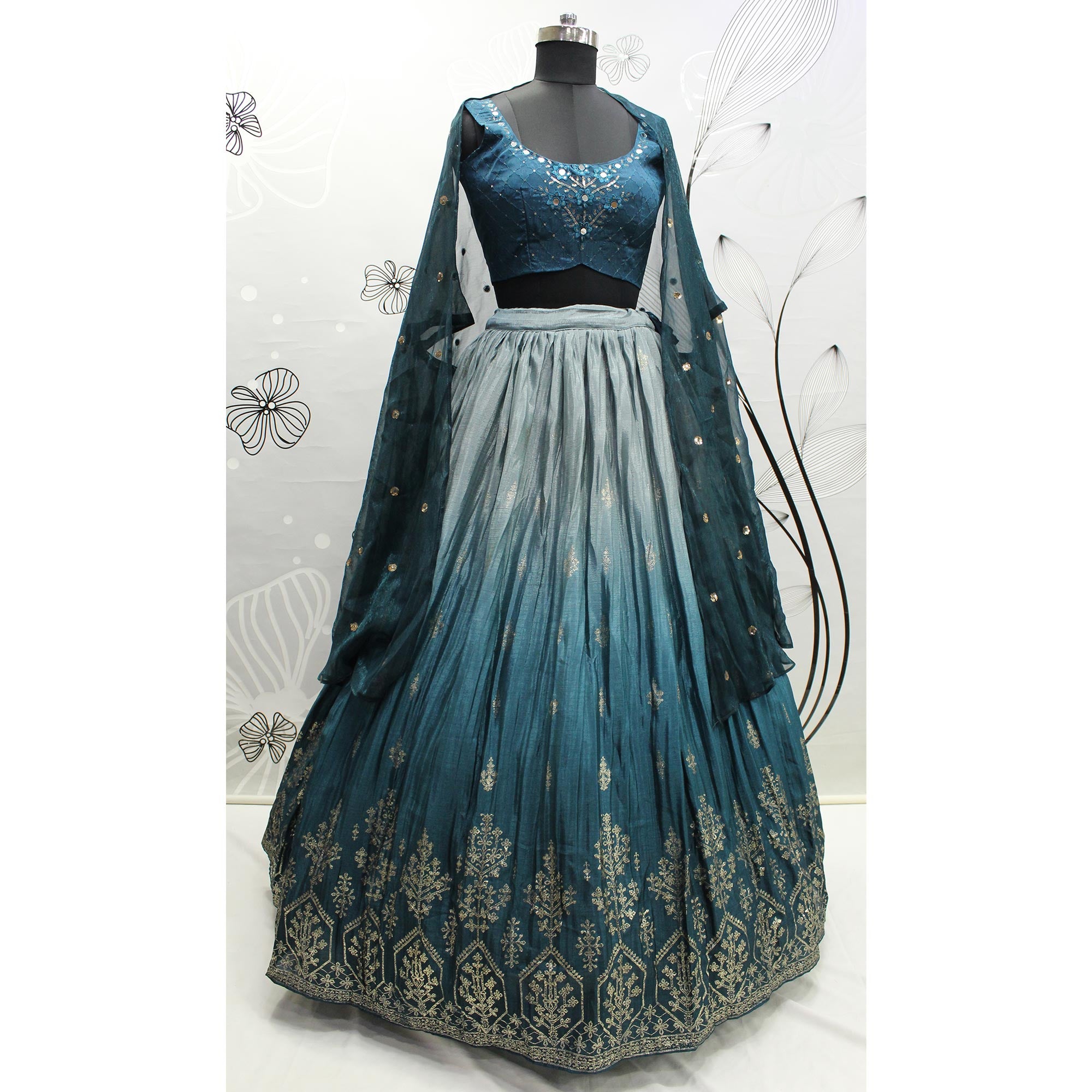 Teal Blue Foil Printed Chiffon Lehenga Choli