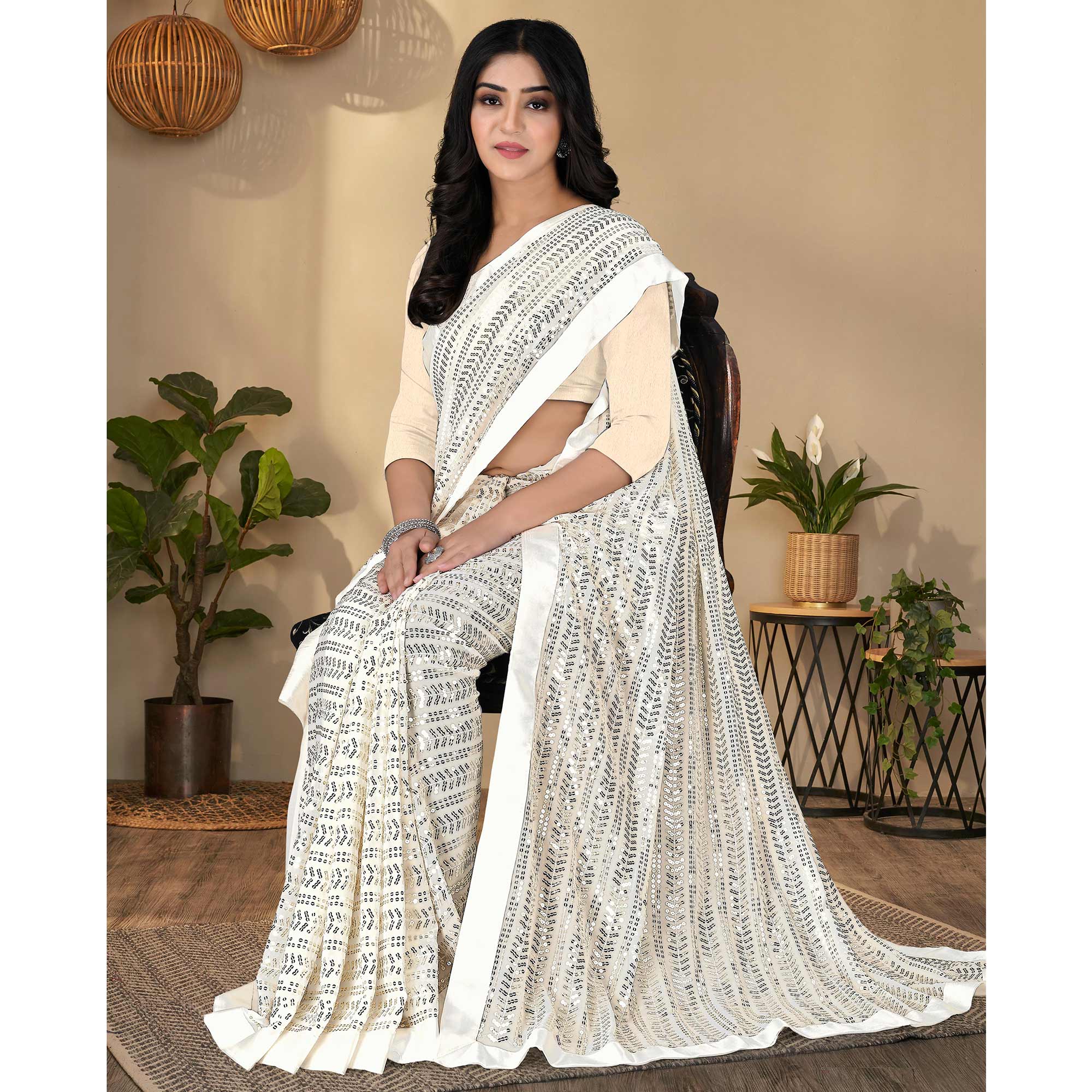 White Sequins Embroidered Georgette Saree