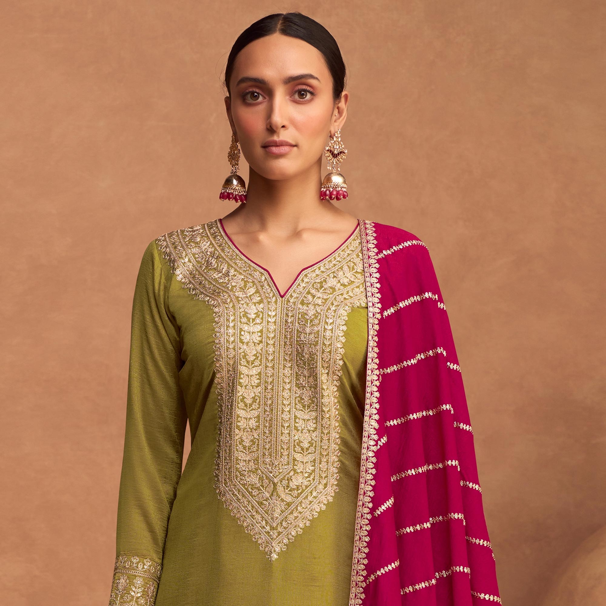 Green Floral Sequins Embroidered Art Silk Semi Stitched Suit