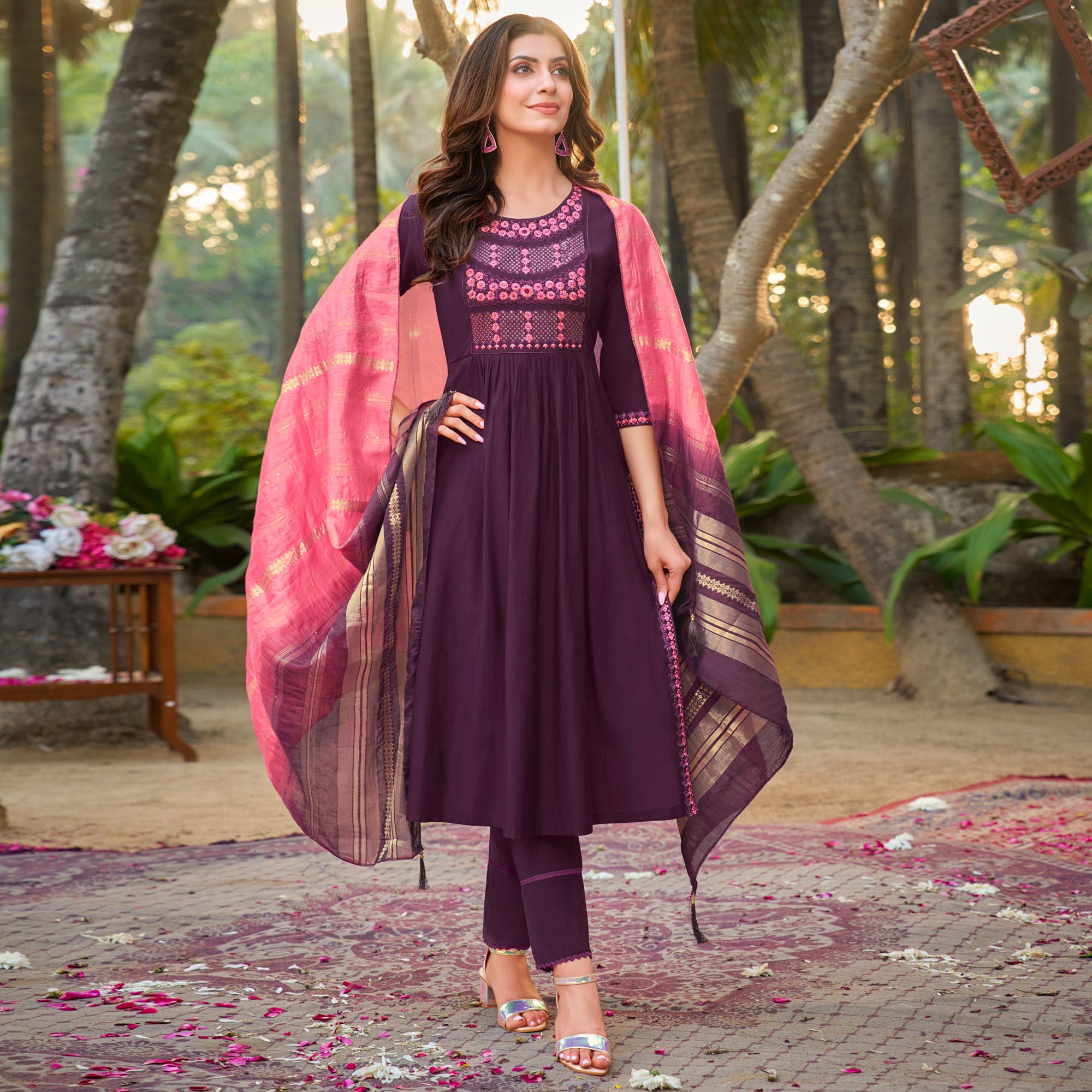 Purple Floral Embroidered Pure Silk Naira Cut Suit