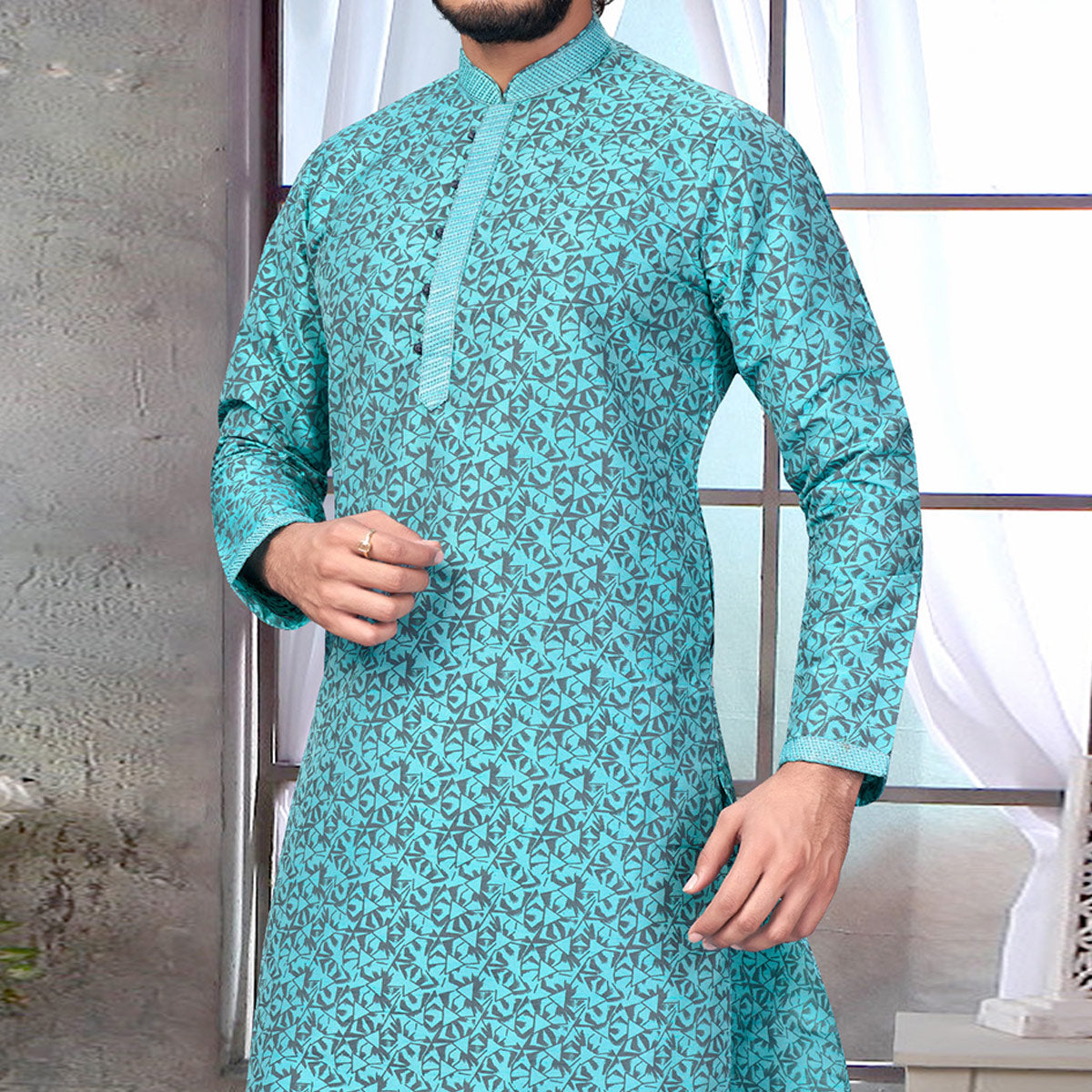 Blue Printed Jacquard Kurta Pyjama Set