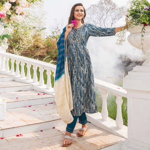 Blue Foil Printed Rayon Naira Cut Suit