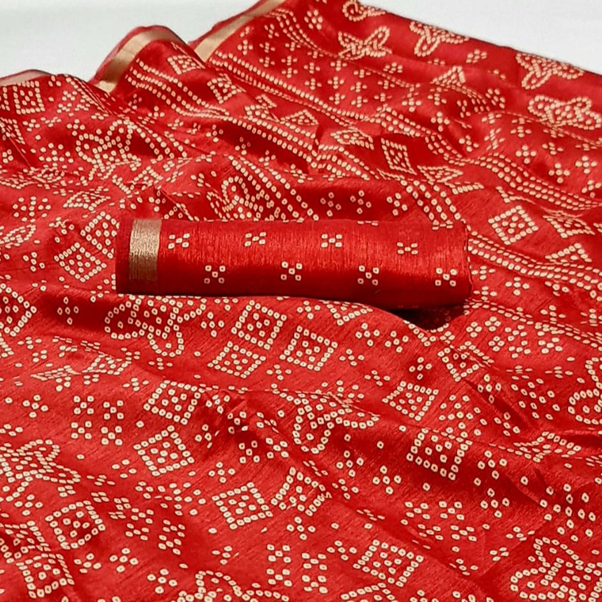 Red Bandhani Printed Art Silk Saree
