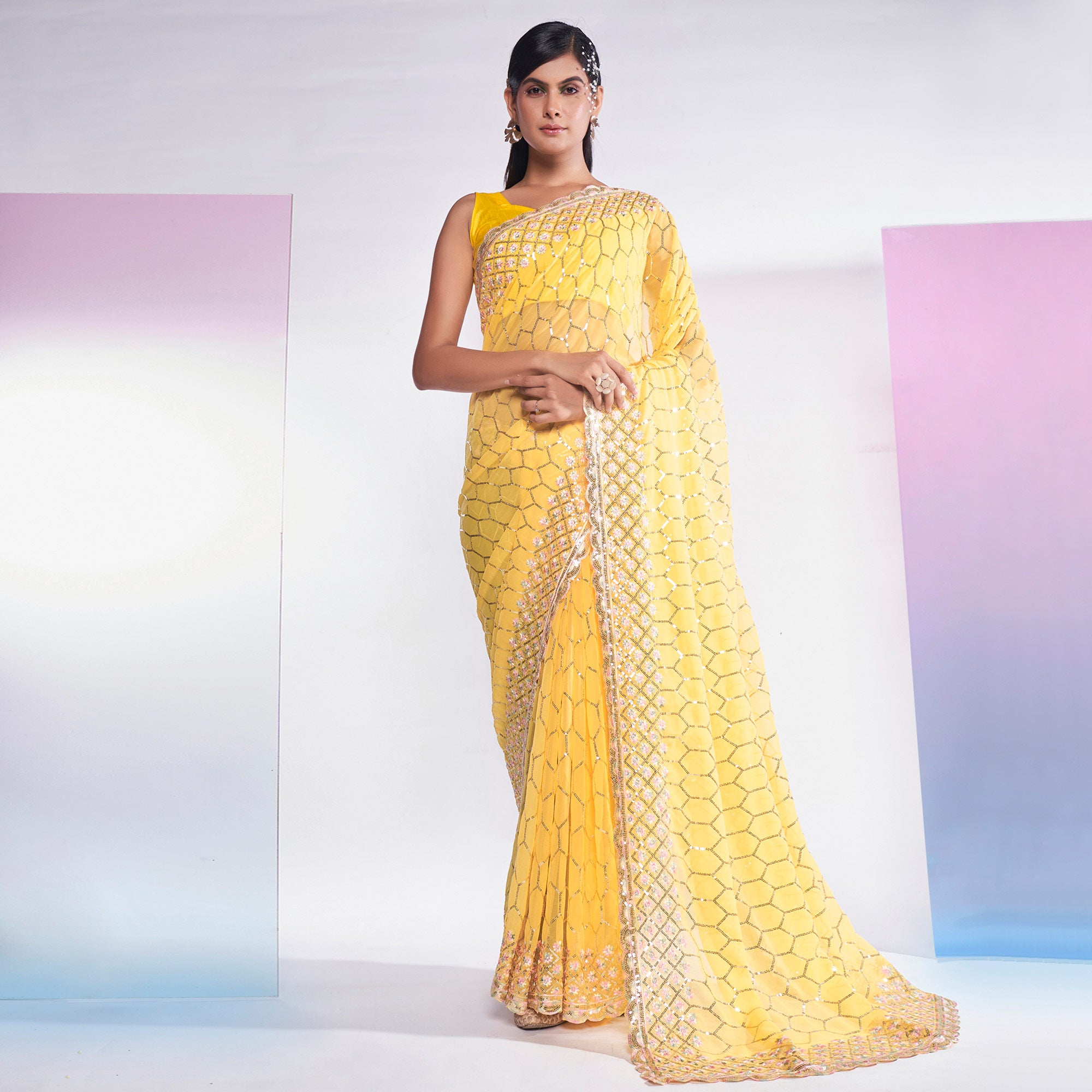 Yellow Sequins Embroidered Georgette Saree