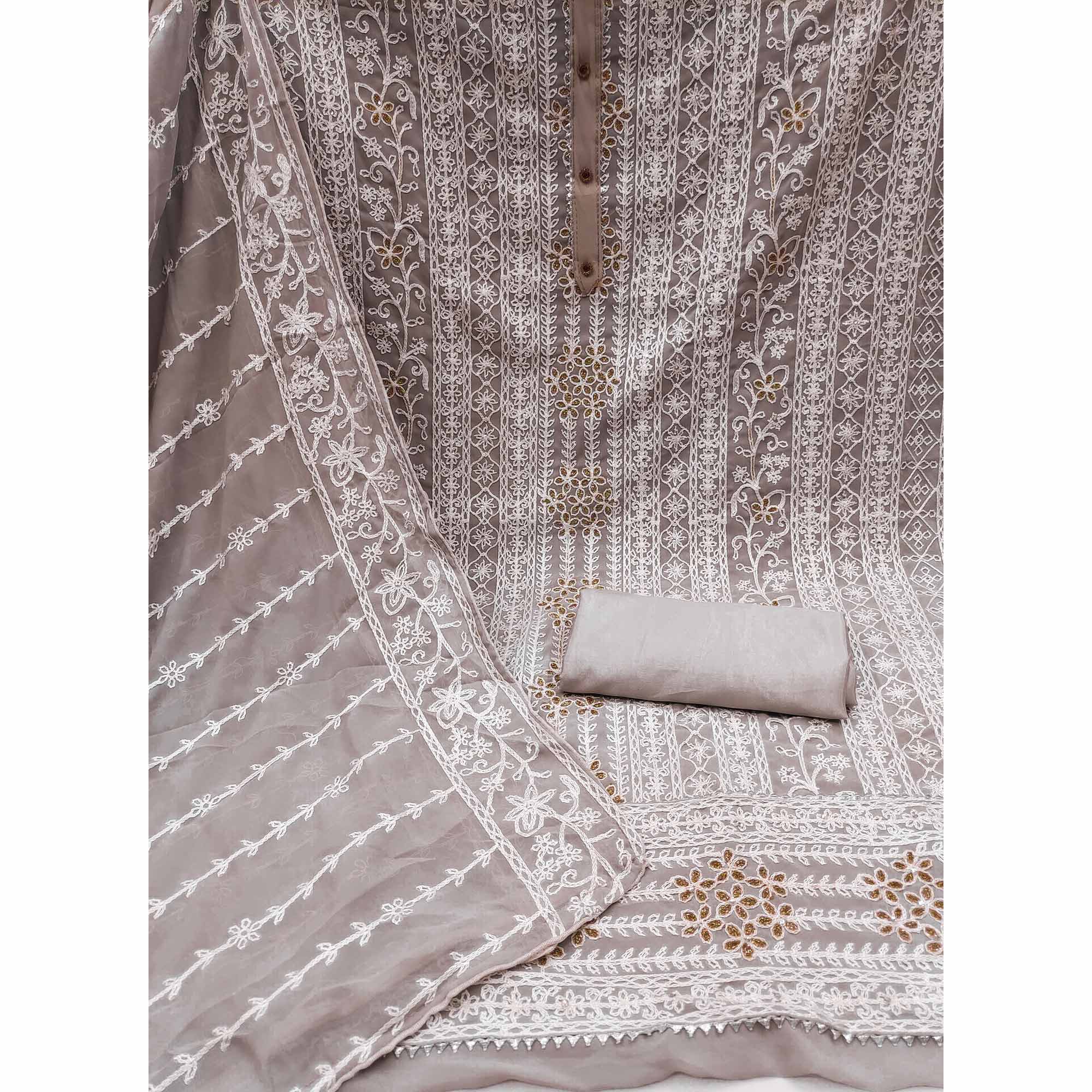 Grey Lucknowi Embroidered Georgette Dress Material