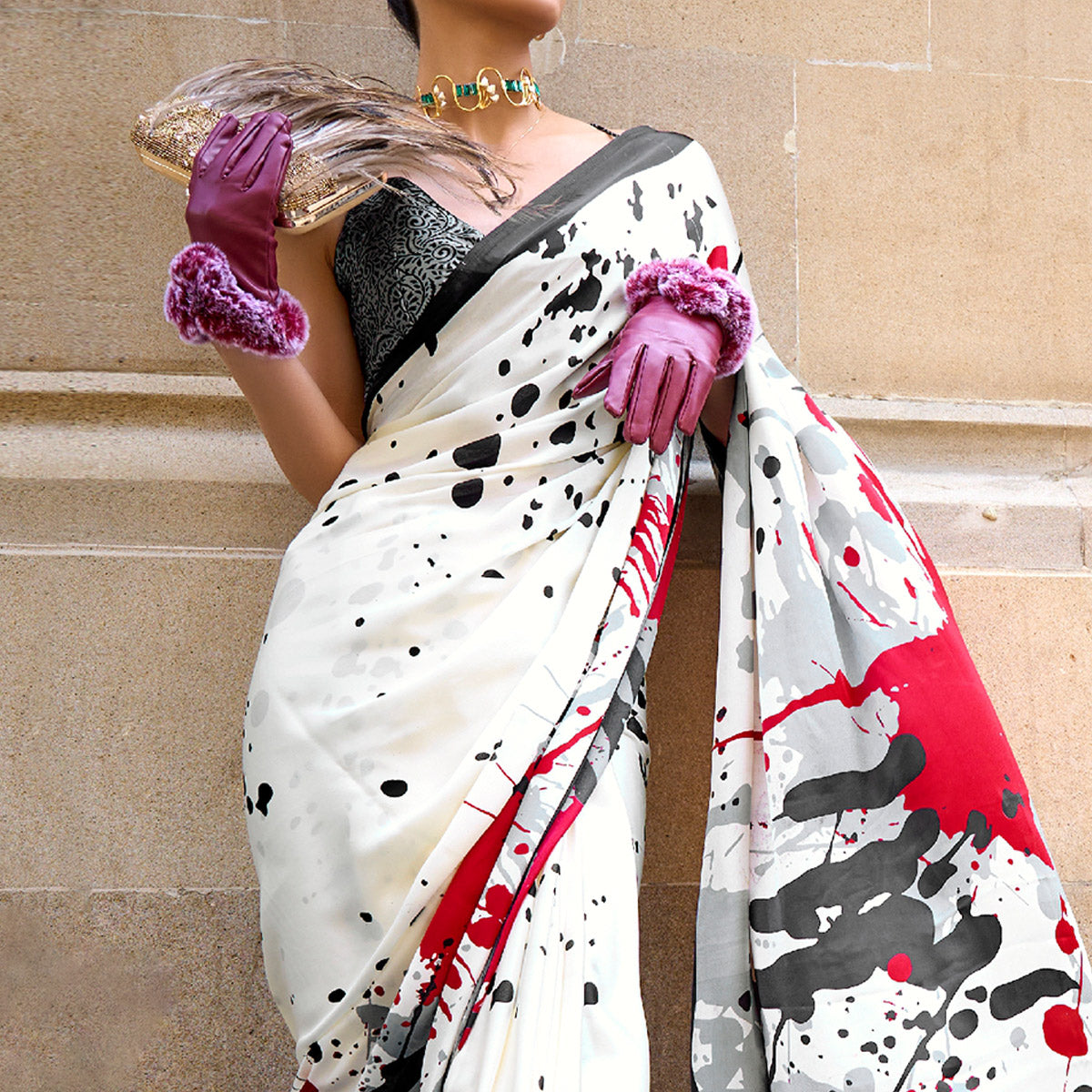 Offwhite Printed Crepe Saree