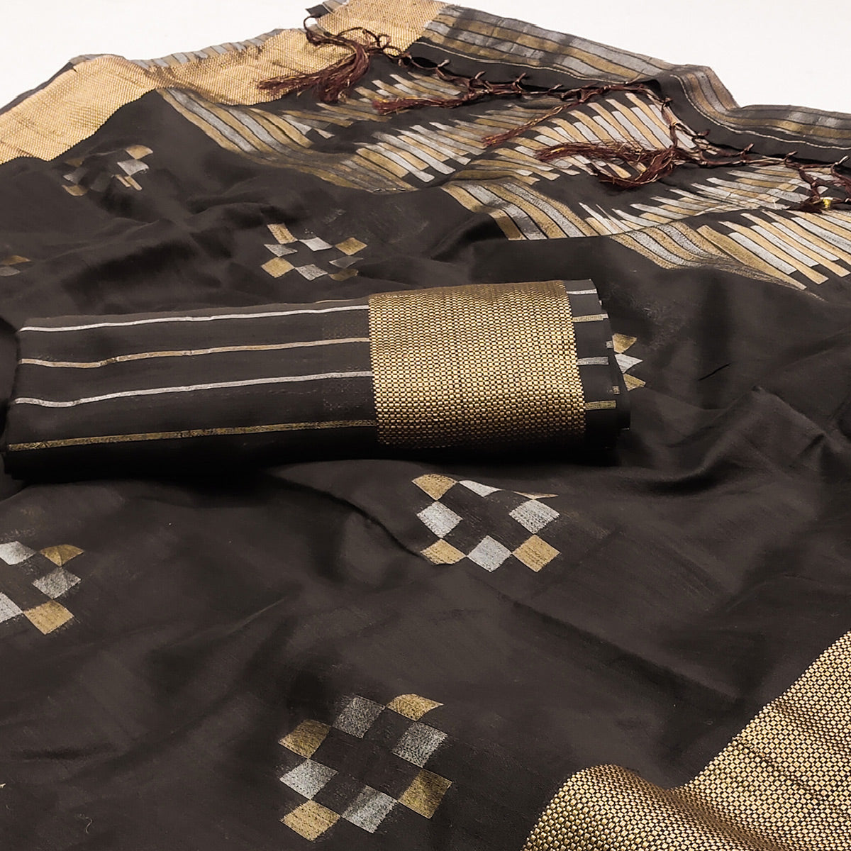 Brown Woven Khaadi Saree With Tassels