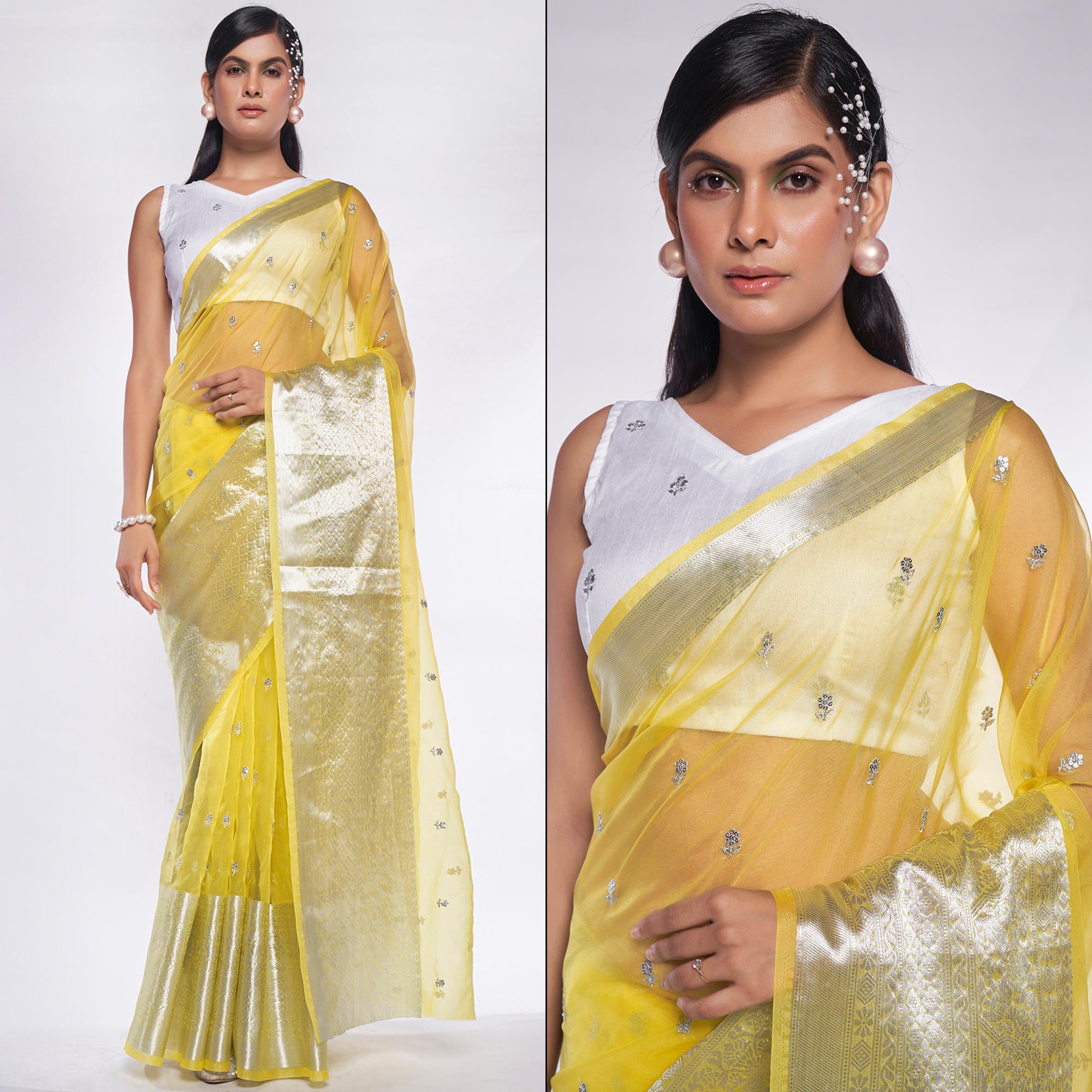 Lemon Yellow Sequins Floral Embroidered Organza Saree