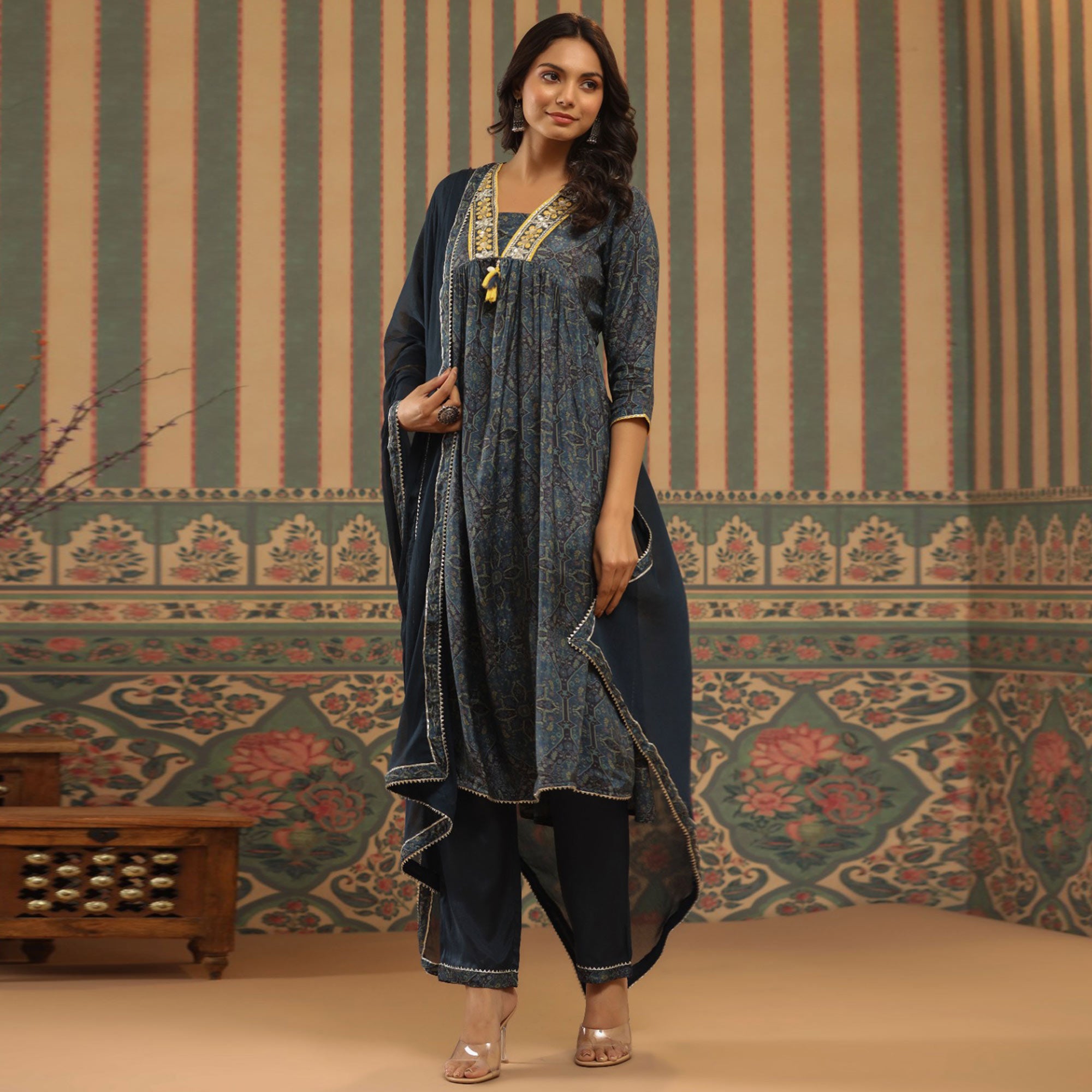 Blue Floral Printed Muslin Naira Cut Suit