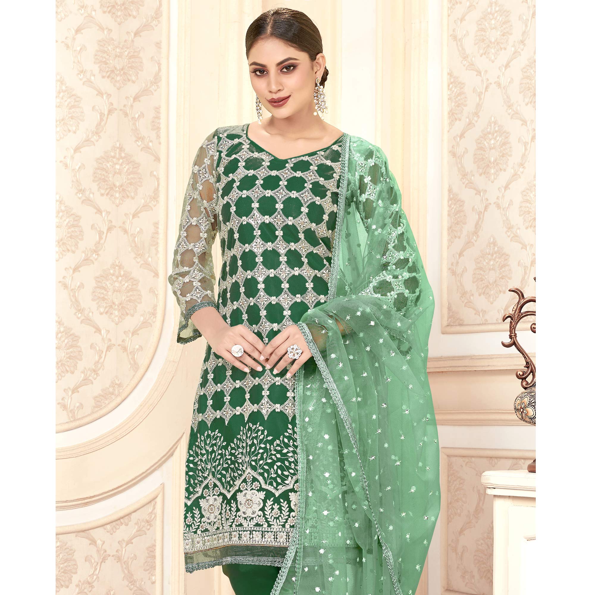 Green Sequins Embroidered Net Semi Stitched Suit