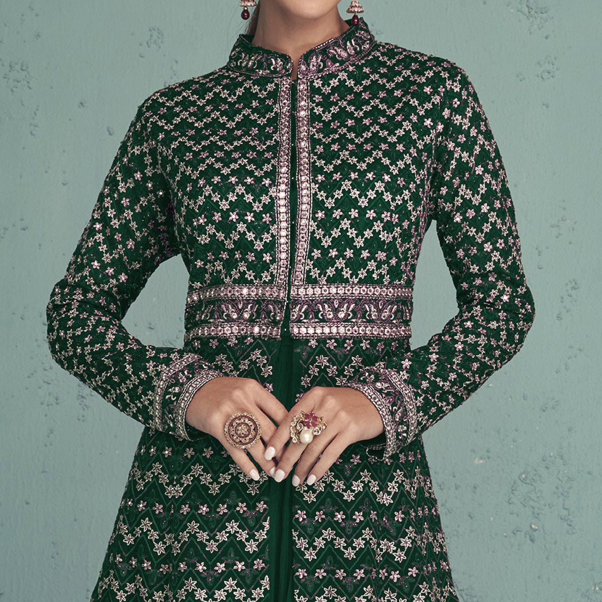 Green Floral Embroidered Georgette Front Slit Suit