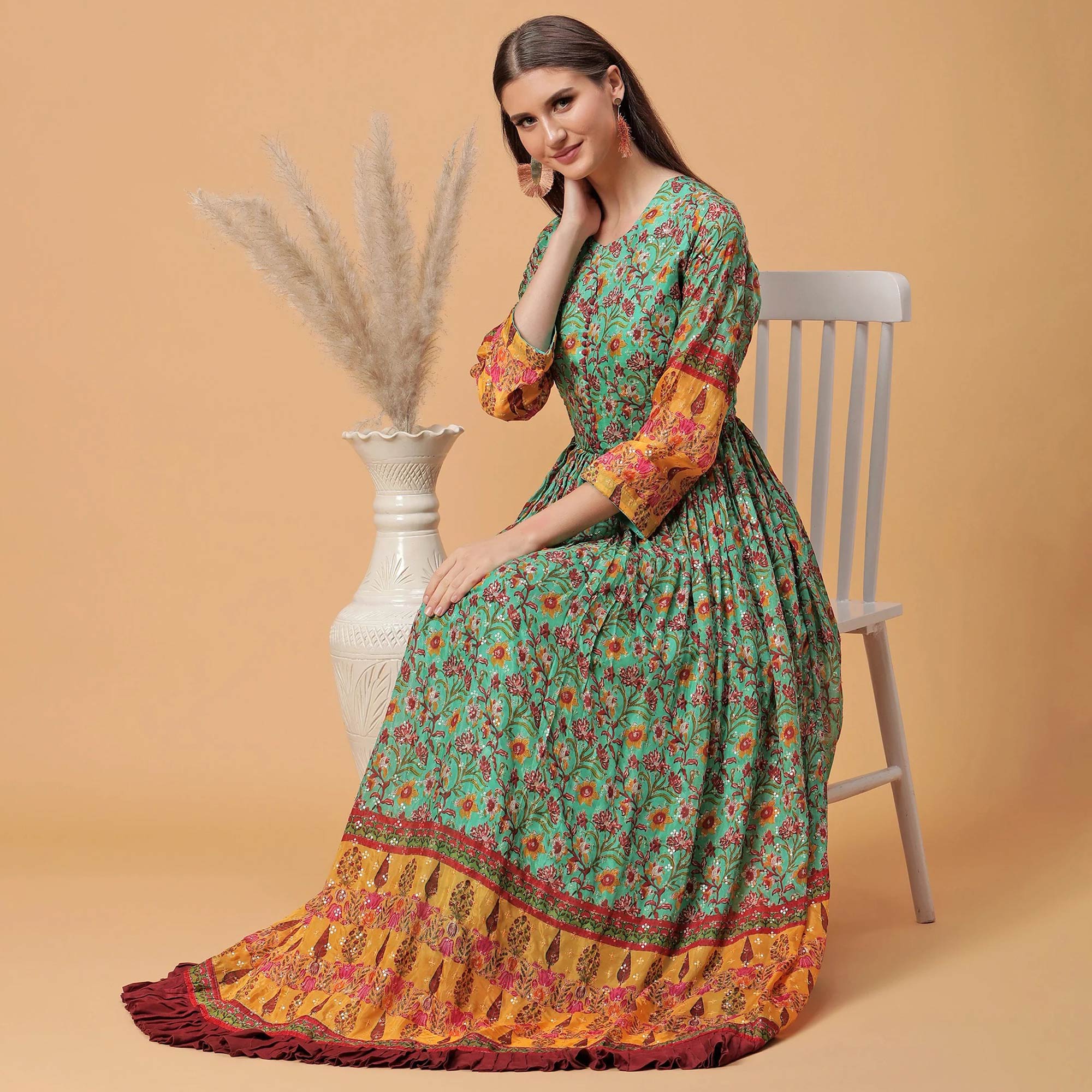 Green Digital Printed Dola Silk Gown