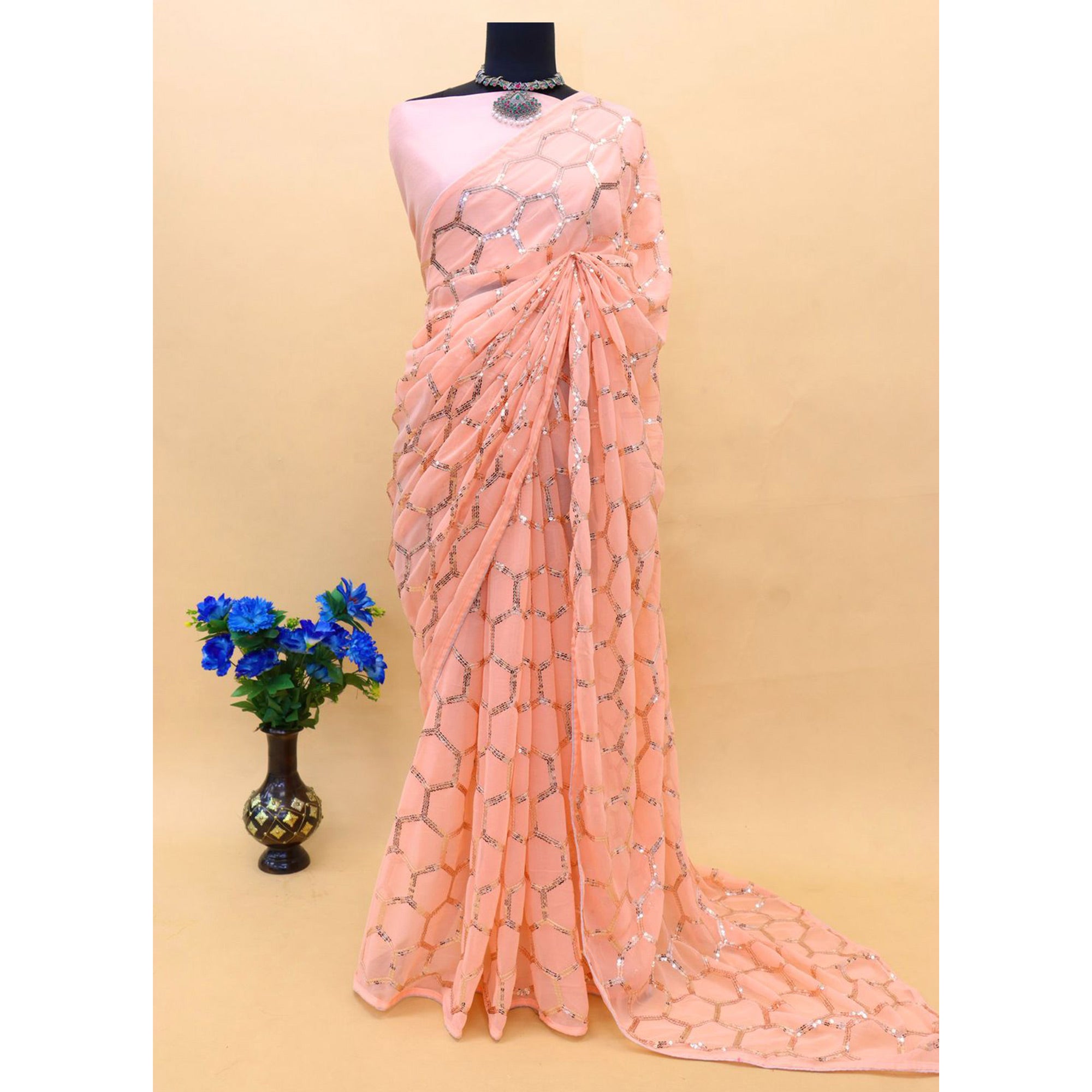 Peach Sequins Embroidered Georgette Saree