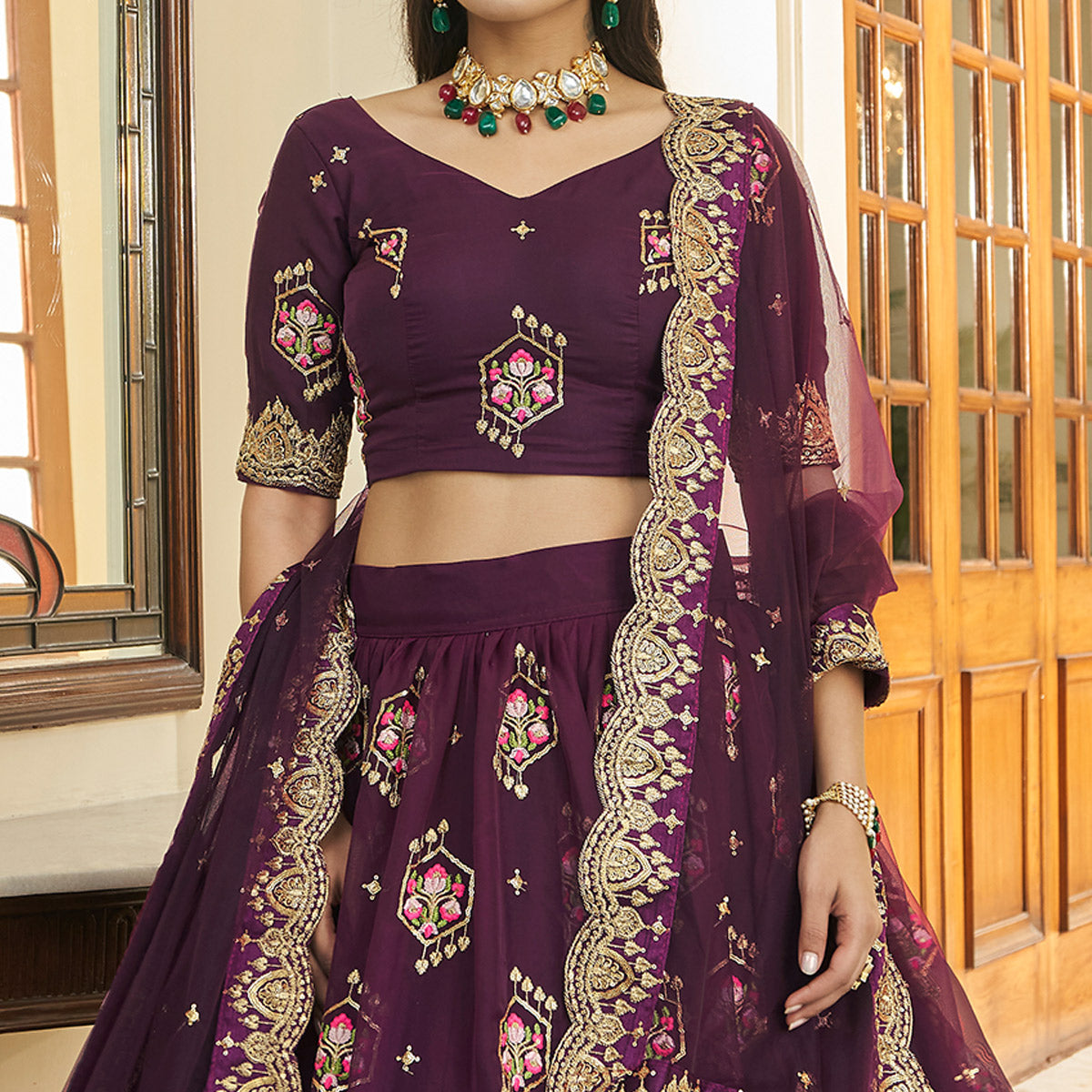 Purple Sequins Embroidered Organza Lehenga Choli