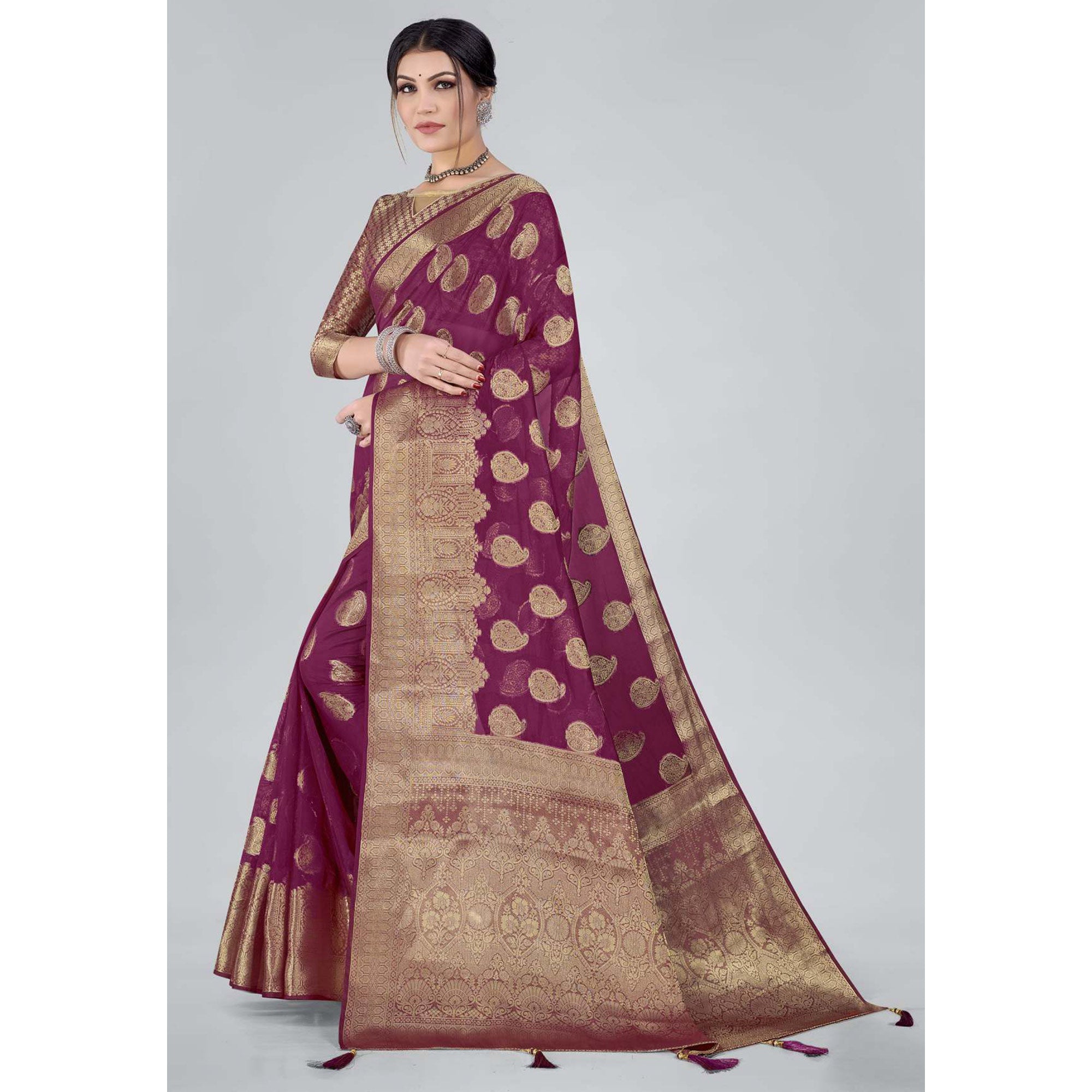 Purple Woven Organza Saree With Tassels