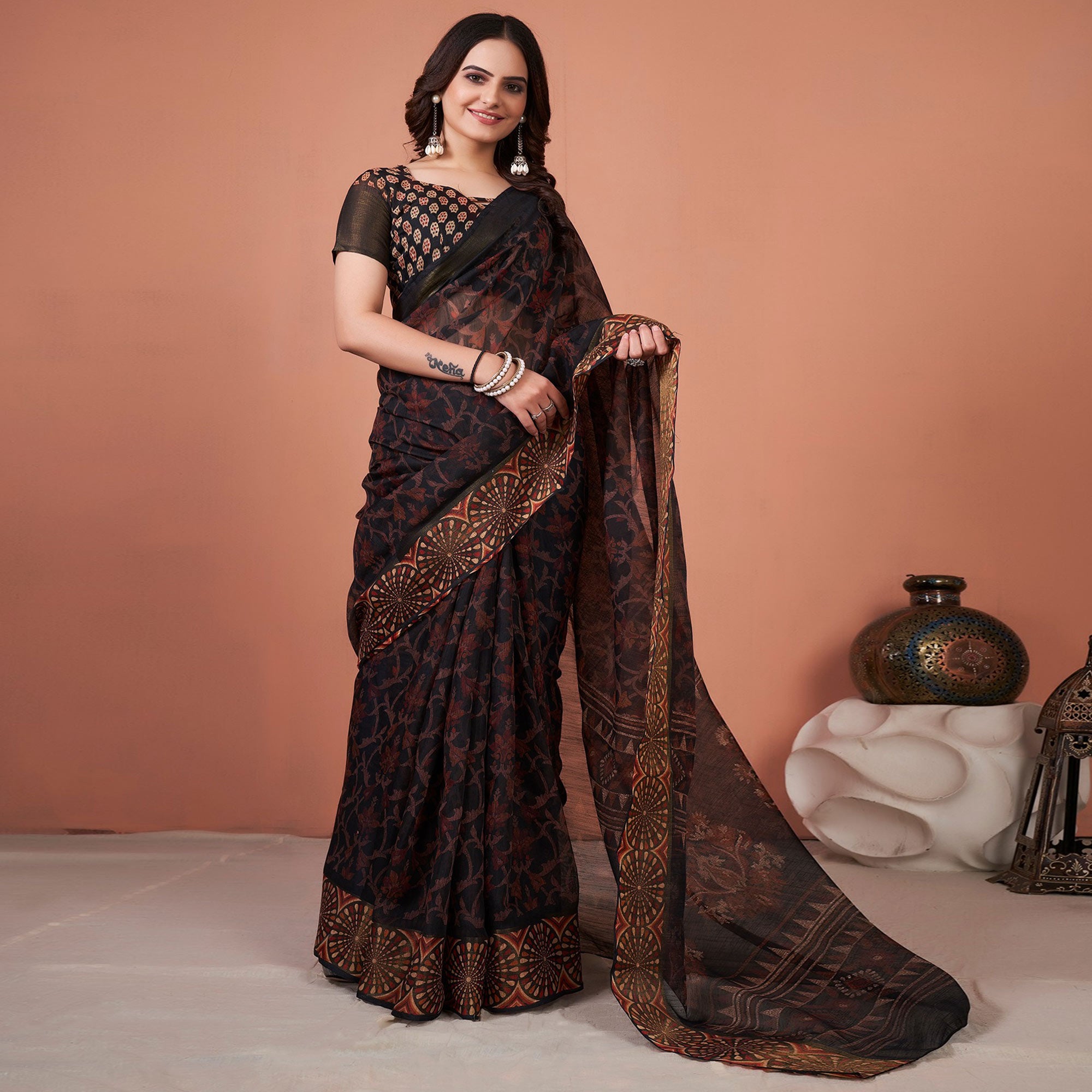 Brown Printed Cotton Saree With Tassels