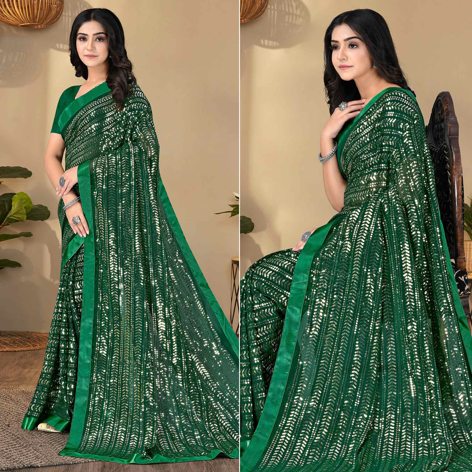 Green Sequins Embroidered Georgette Saree