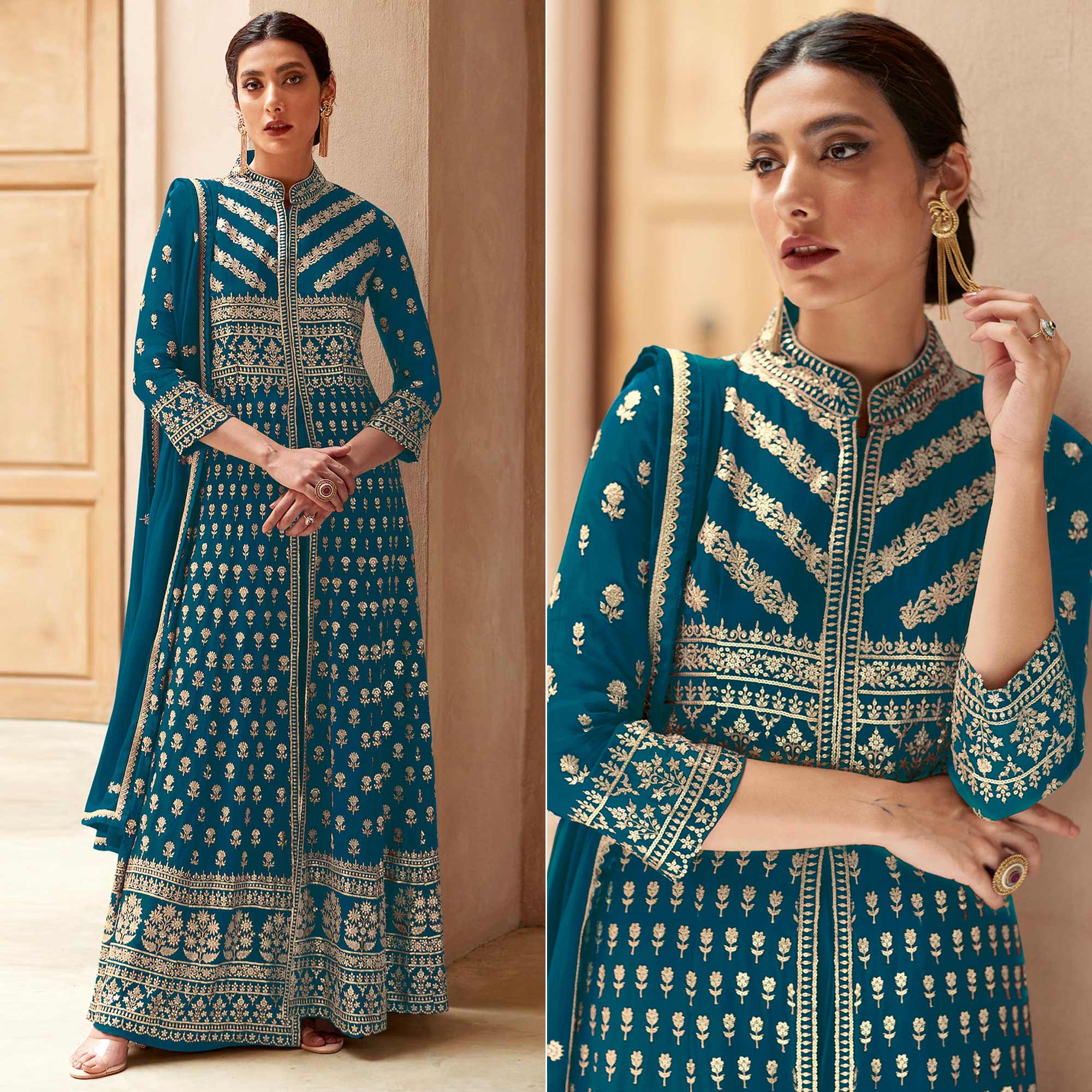 Rama Blue Floral Embroidered Georgette Palazzo Suit