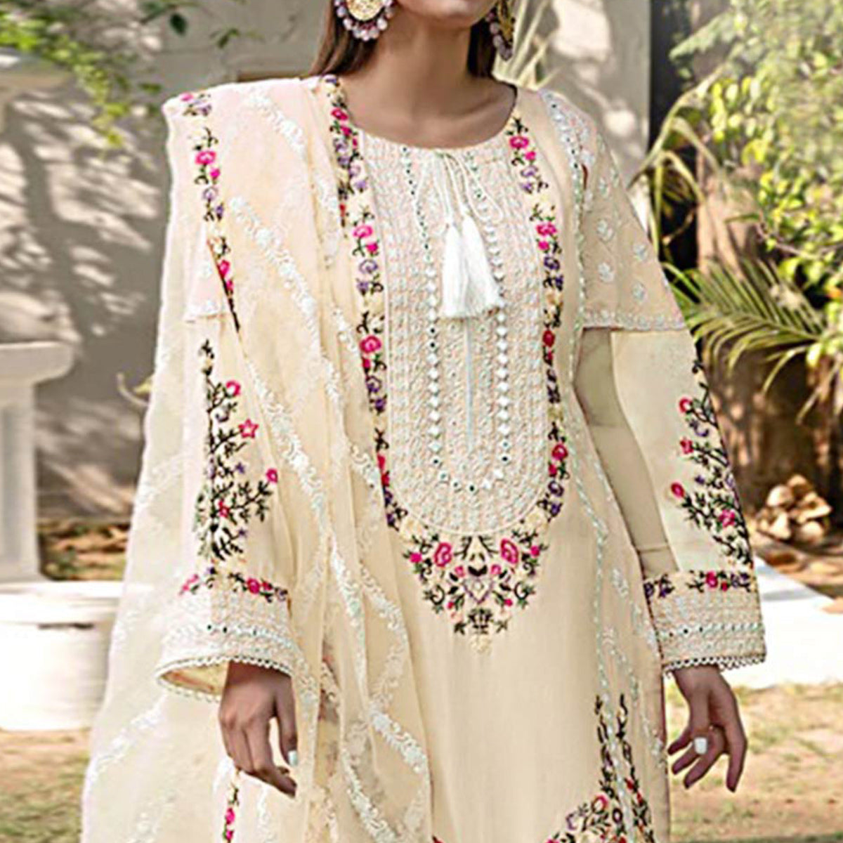 Cream Floral Embroidered Georgette Palazzo Suit