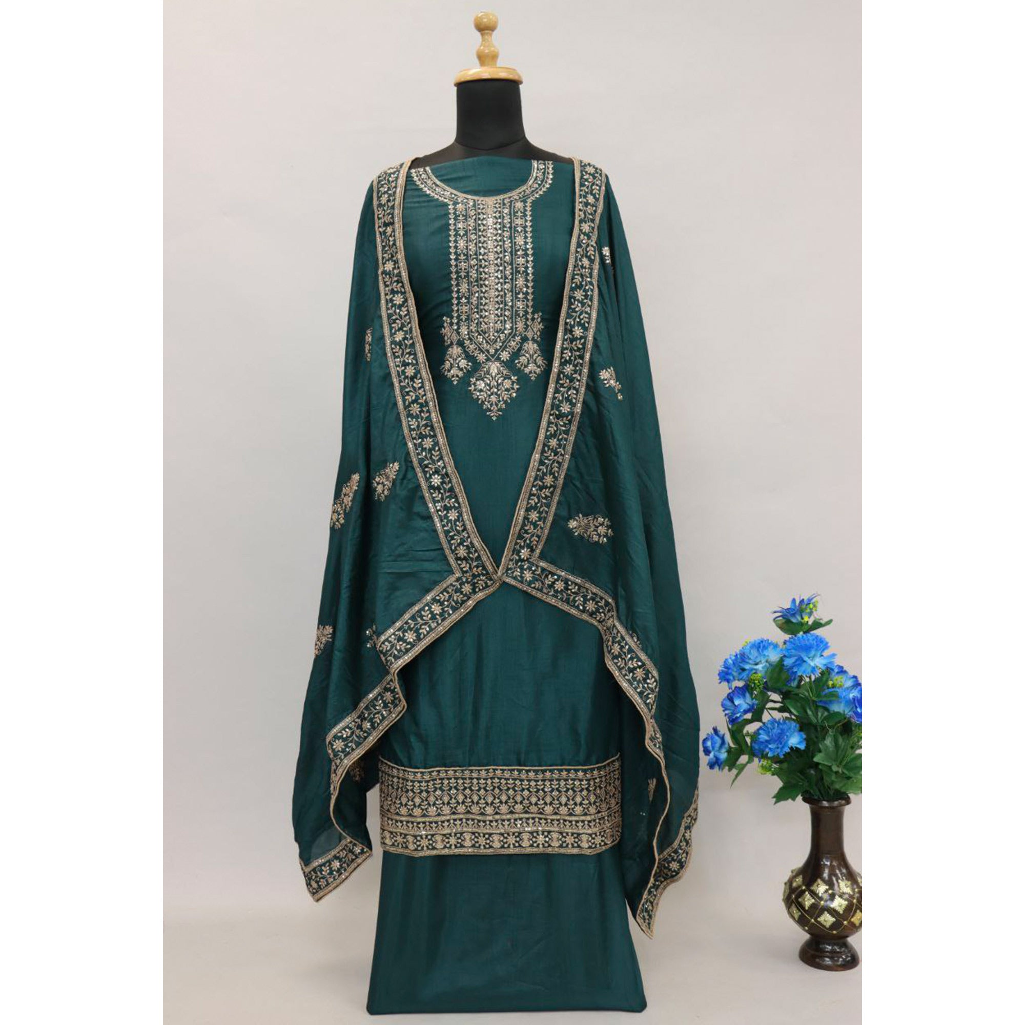 Green Embroidered Dola Silk Salwar Suit