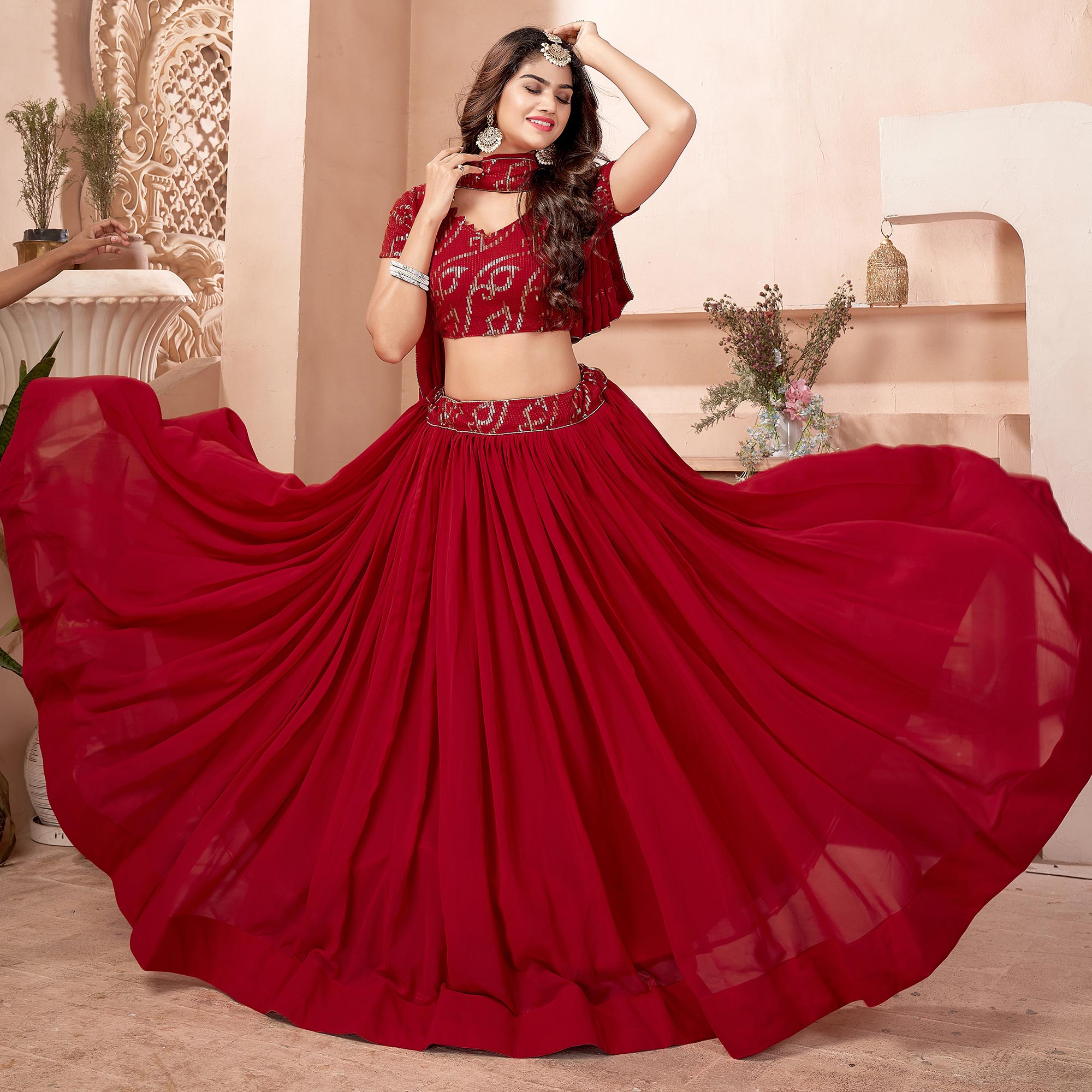 Red Sequins Embroidered Georgette Lehenga Choli