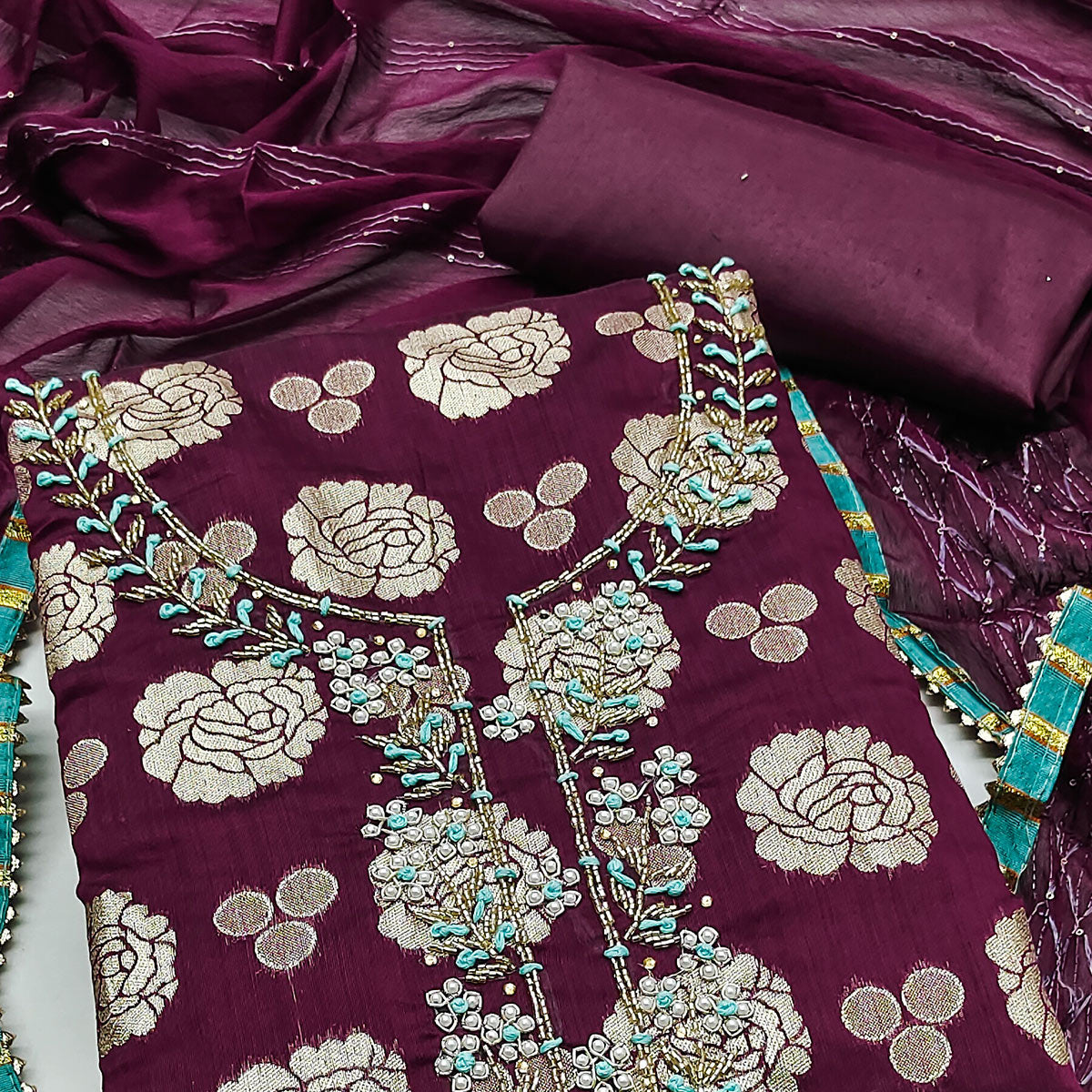 Wine Woven Banarasi Silk Dress Material
