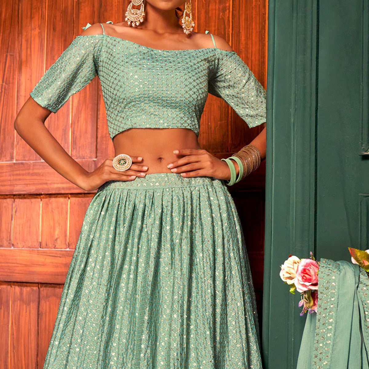 Sea Green Sequins Embroidered Chiffon Lehenga Choli