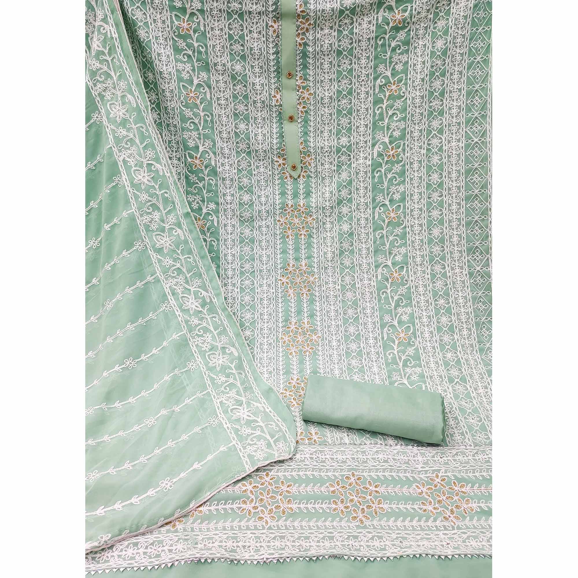 Green Lucknowi Embroidered Georgette Dress Material