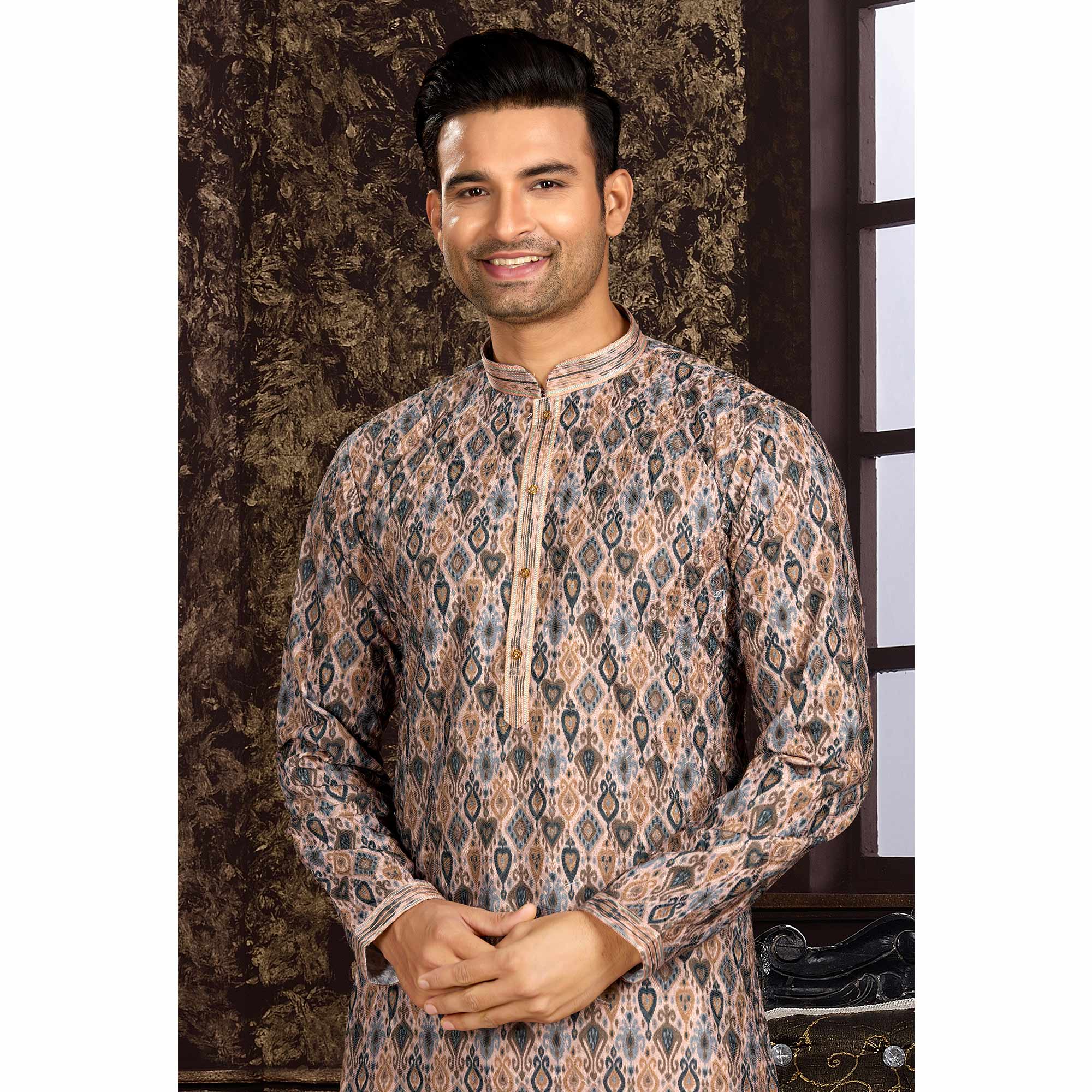 Grey Lucknowi And Digital Printed Cotton Kurta Pyjama Set