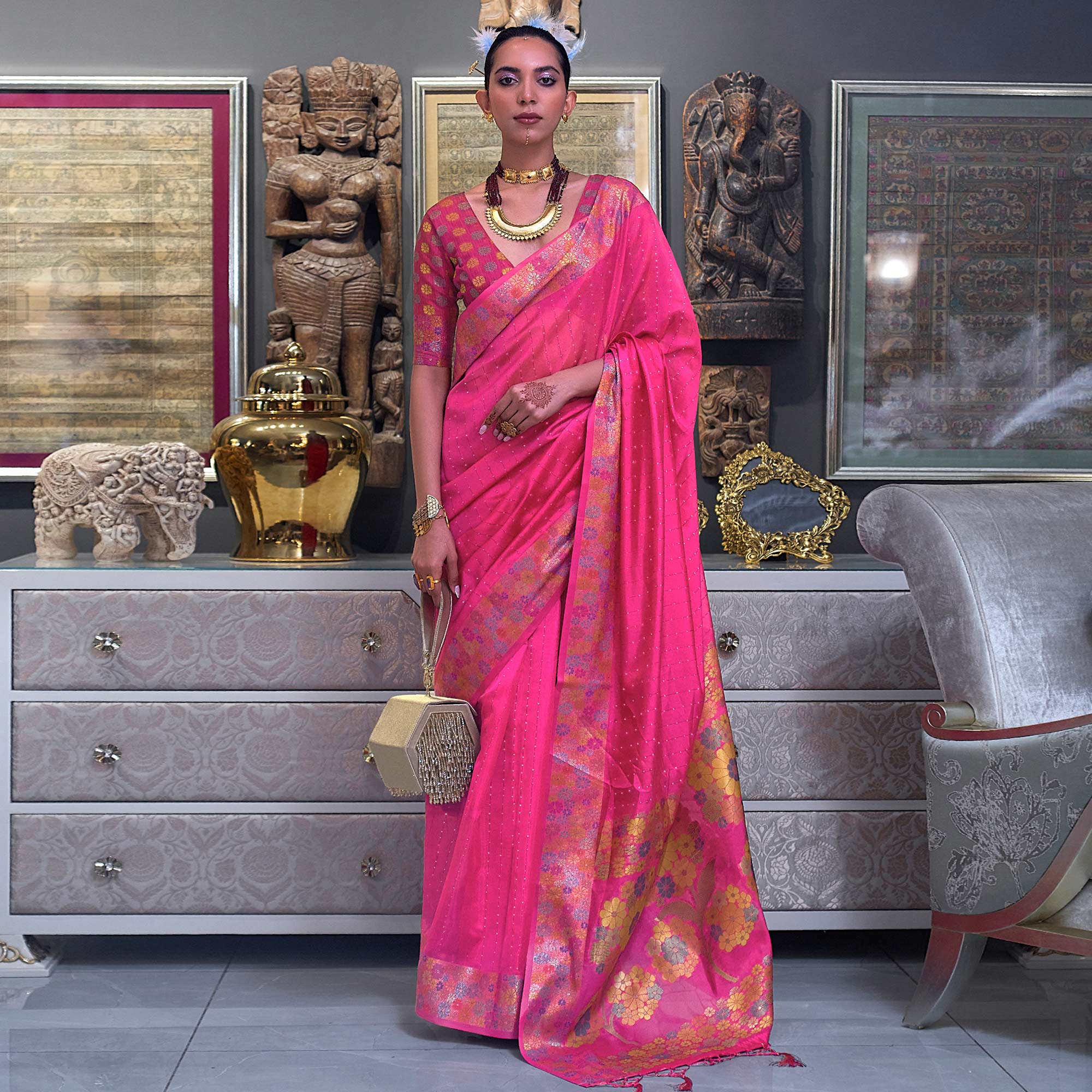 Pink Woven With Sequins Work Organza Saree