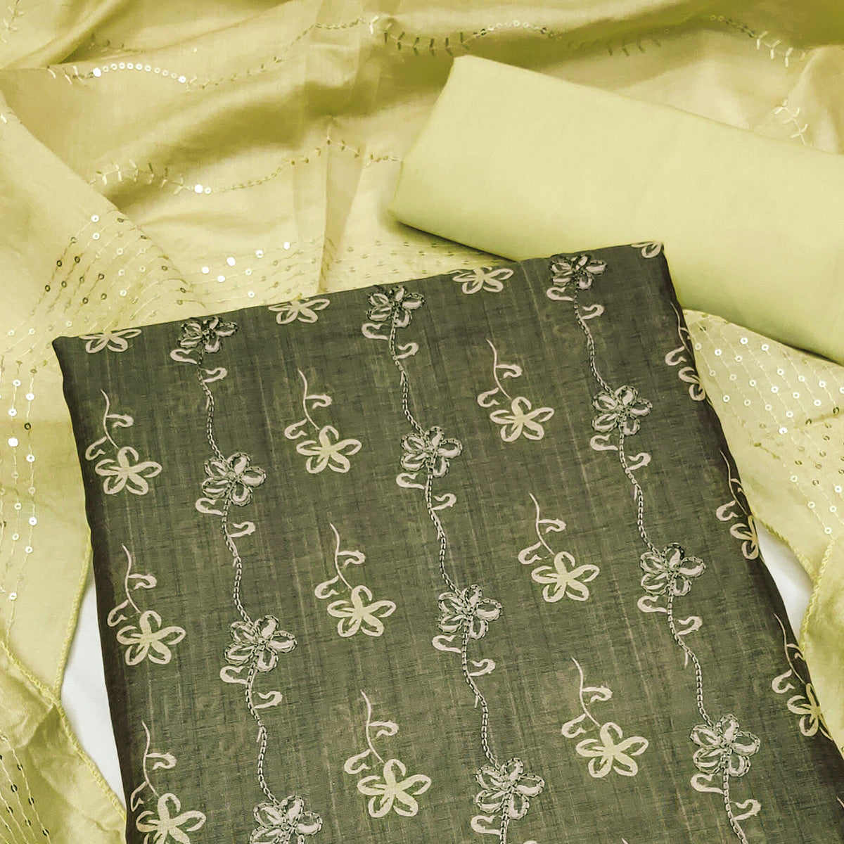 Green Digital Printed With Embroidered Chanderi Dress Material