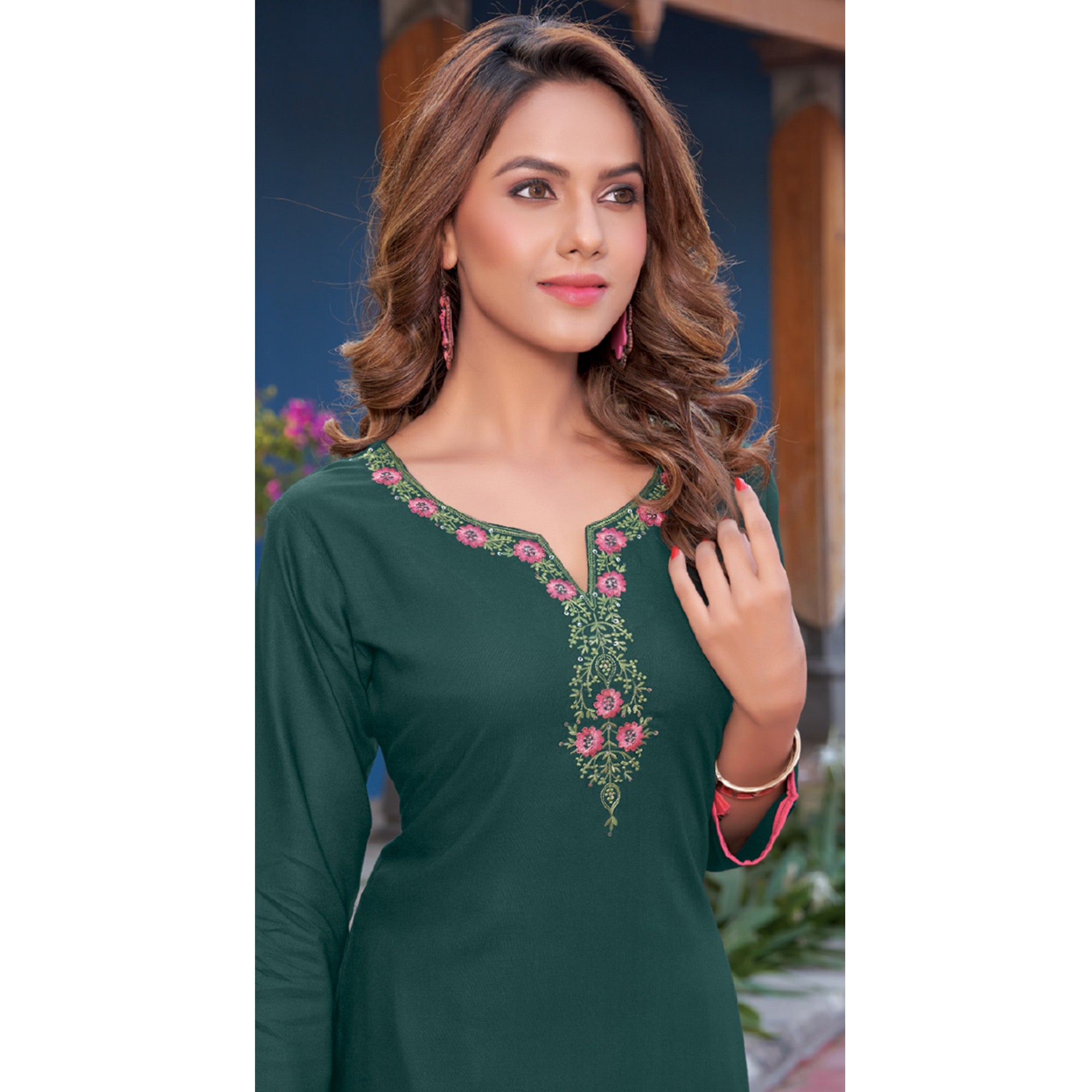 Dark Green Embroidered Rayon Kurti