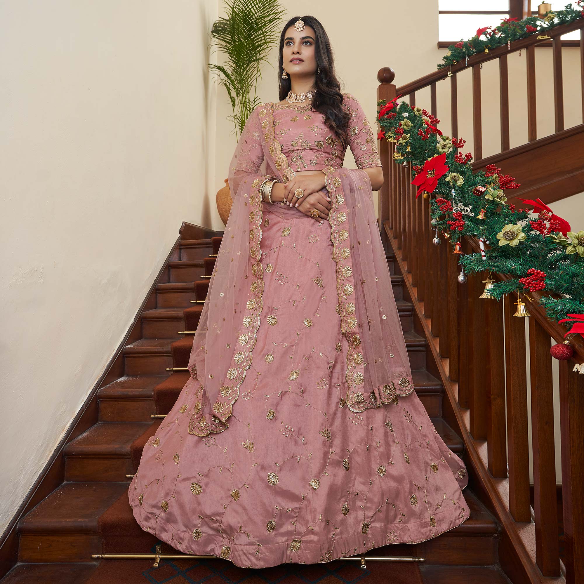 Peach Sequins Embroidered Art Silk Lehenga Choli