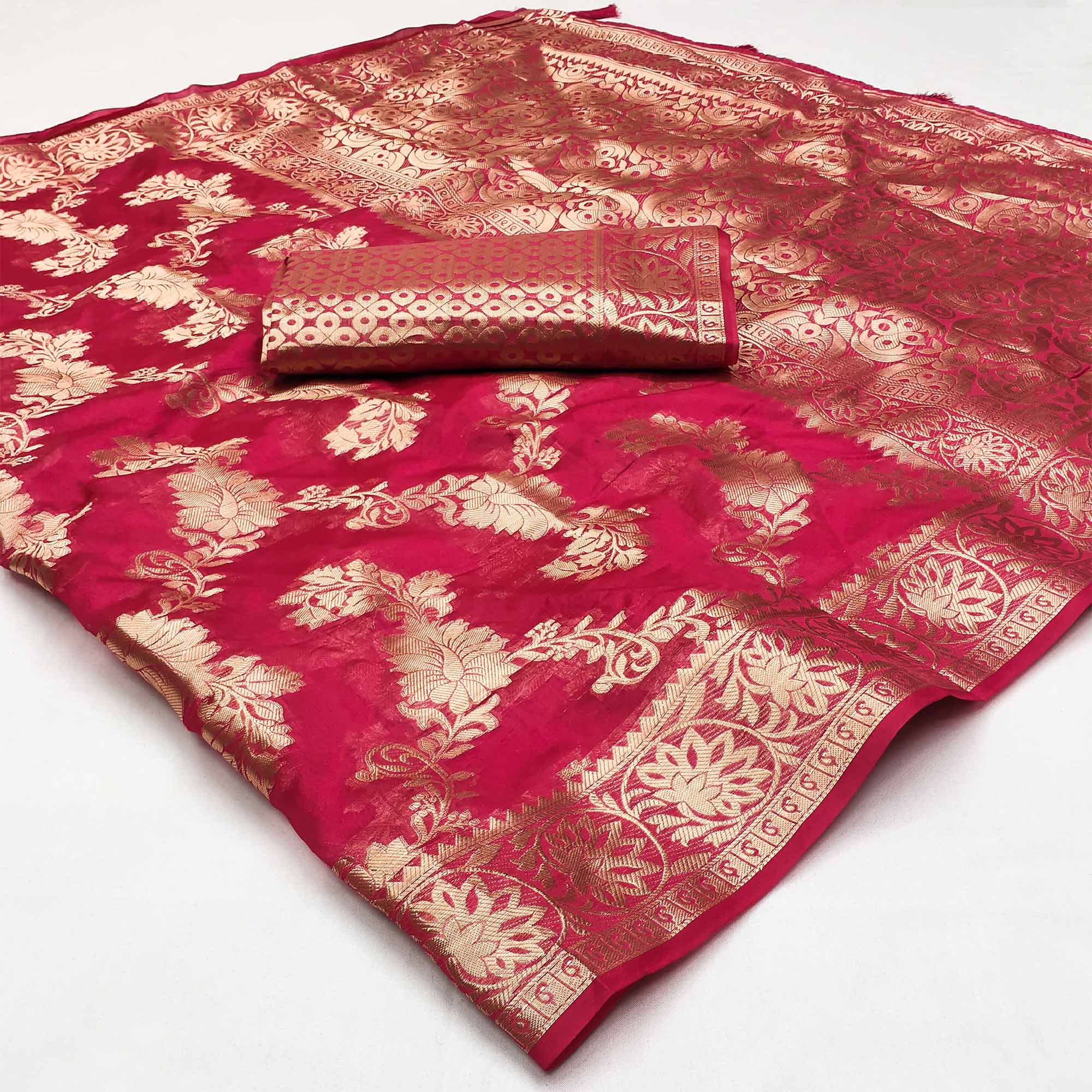 Pink Floral Woven Art Silk Saree With Tassels
